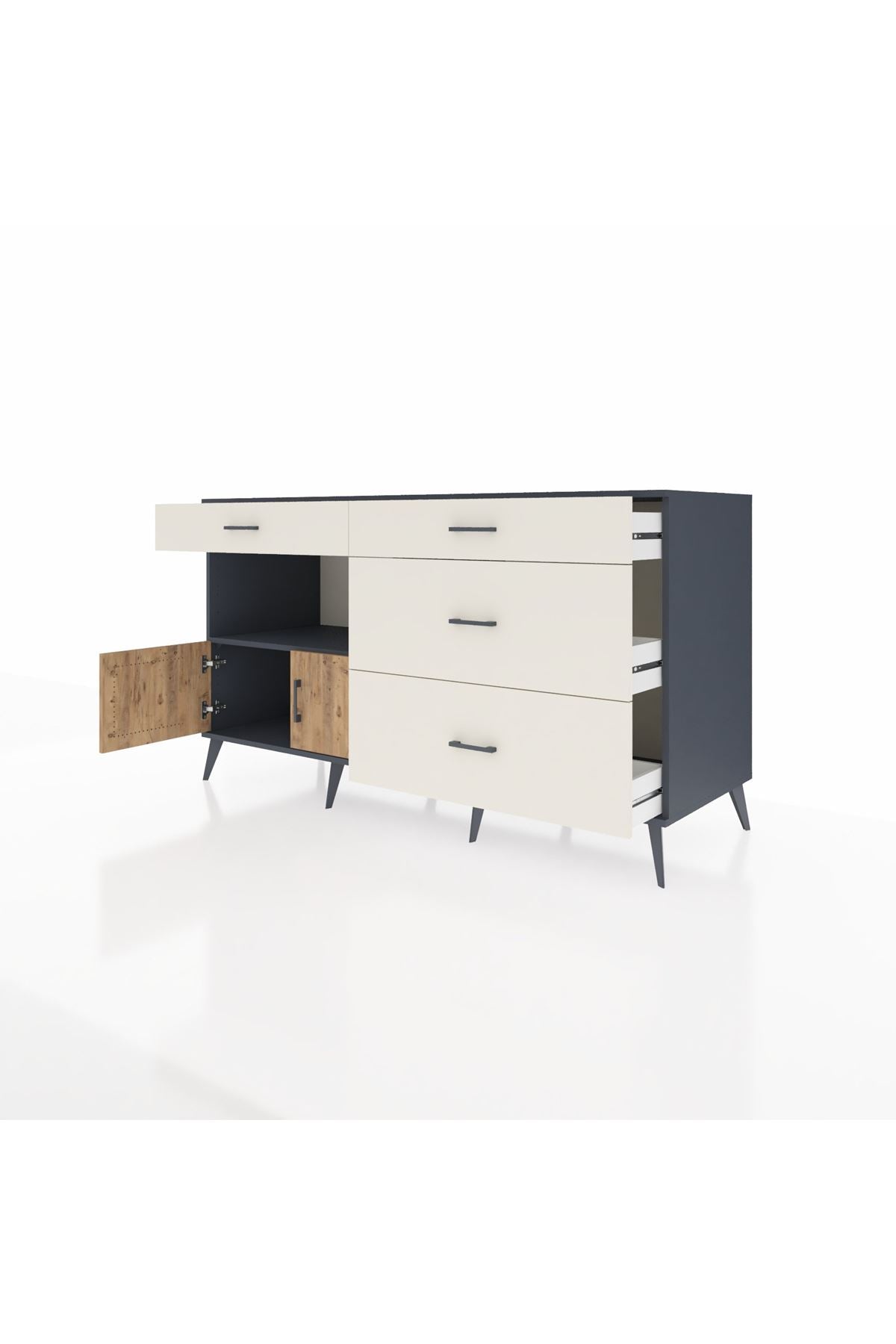 Kronos Konsol Tek Raflı 4 Çekmeceli 2 Kapaklı 176x59x99 Antrasit-Çam/Aytaşı