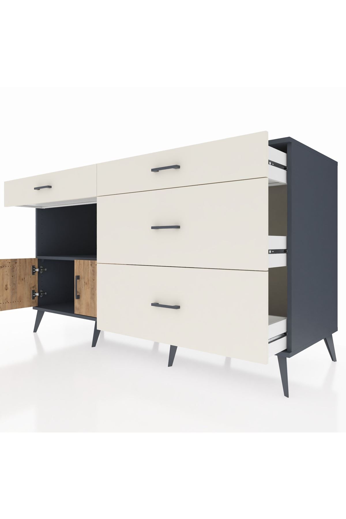 Kronos Konsol Tek Raflı 4 Çekmeceli 2 Kapaklı 176x59x99 Antrasit-Çam/Aytaşı