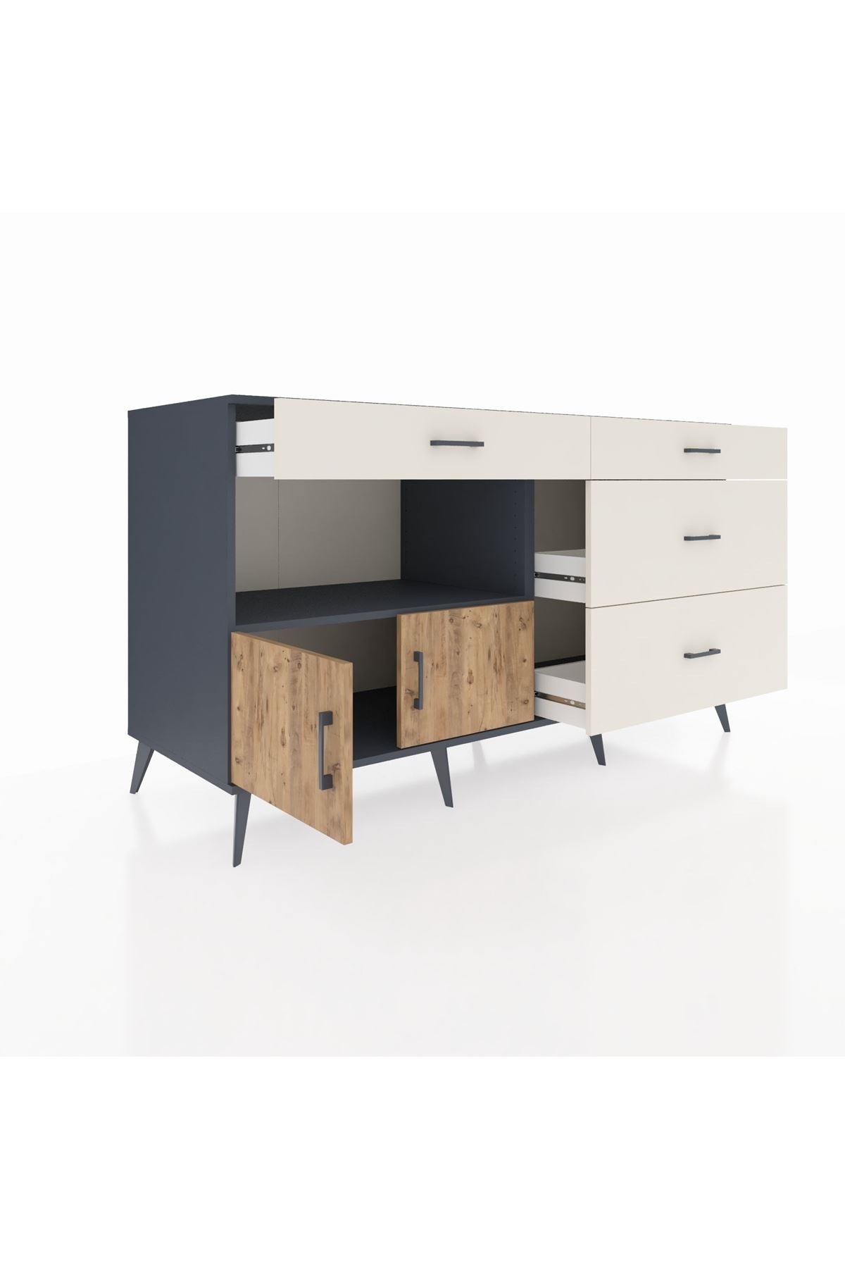 Kronos Konsol Tek Raflı 4 Çekmeceli 2 Kapaklı 176x59x99 Antrasit-Çam/Aytaşı