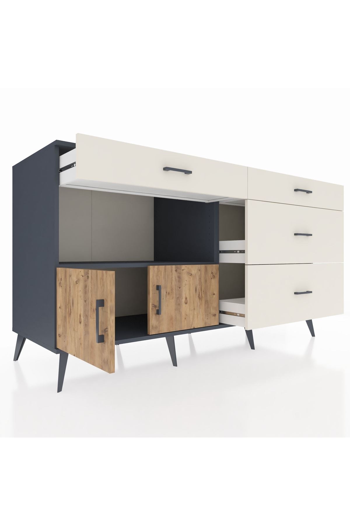 Kronos Konsol Tek Raflı 4 Çekmeceli 2 Kapaklı 176x59x99 Antrasit-Çam/Aytaşı