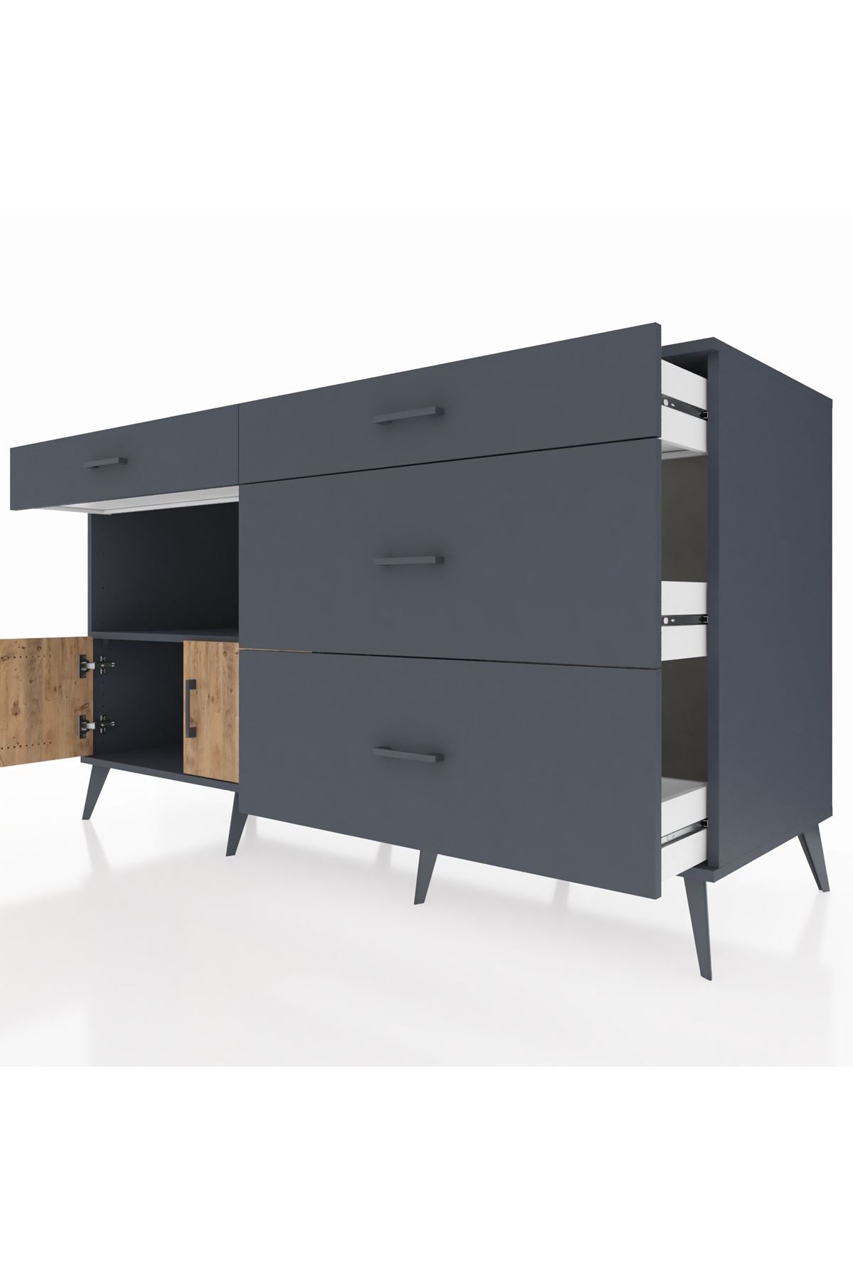 Kronos Konsol Tek Raflı 4 Çekmeceli 2 Kapaklı 176x59x99 Antrasit-Çam/Antrasit