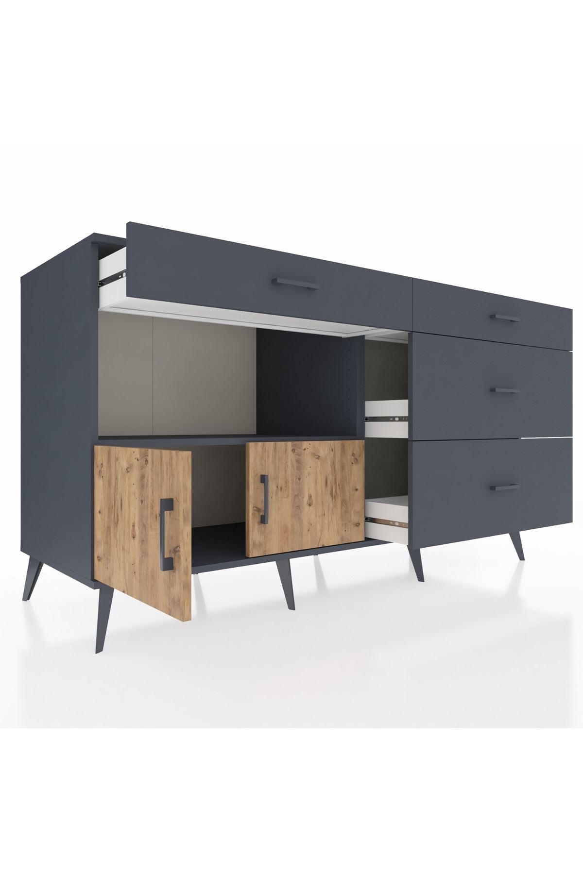 Kronos Konsol Tek Raflı 4 Çekmeceli 2 Kapaklı 176x59x99 Antrasit-Çam/Antrasit