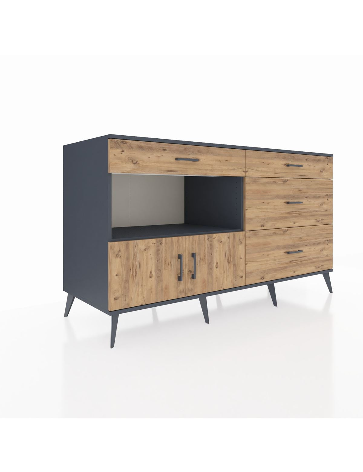 Kronos Konsol Tek Raflı 4 Çekmeceli 2 Kapaklı 176x59x99 Antrasit-Çam