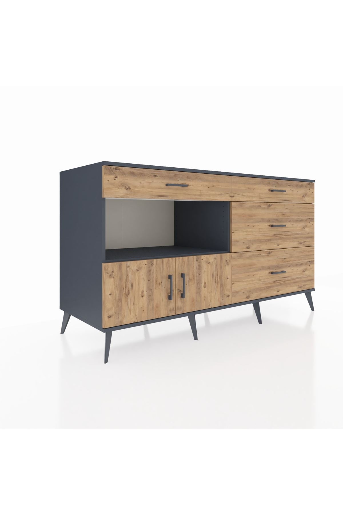 Kronos Konsol Tek Raflı 4 Çekmeceli 2 Kapaklı 176x59x99 Antrasit-Çam