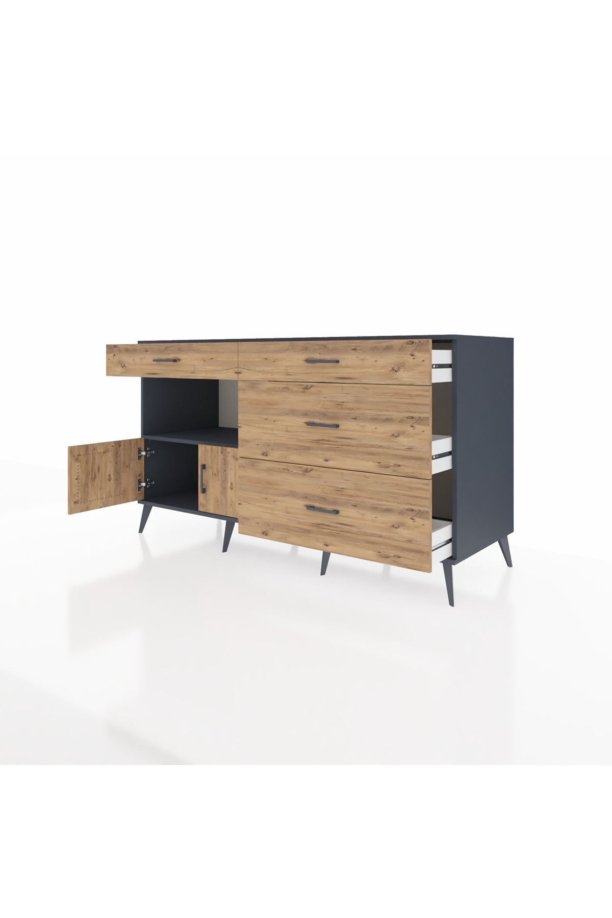 Kronos Konsol Tek Raflı 4 Çekmeceli 2 Kapaklı 176x59x99 Antrasit-Çam