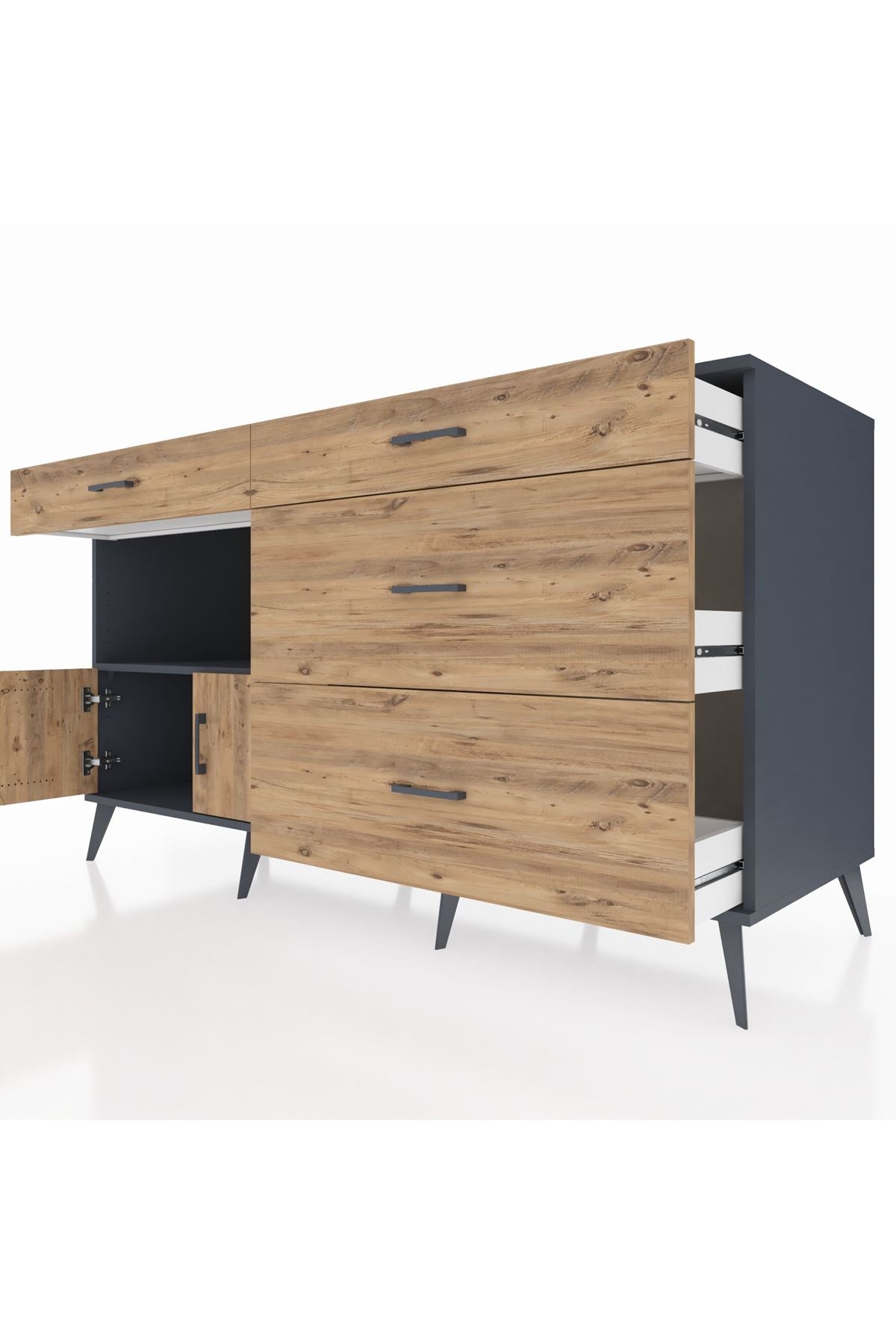 Kronos Konsol Tek Raflı 4 Çekmeceli 2 Kapaklı 176x59x99 Antrasit-Çam