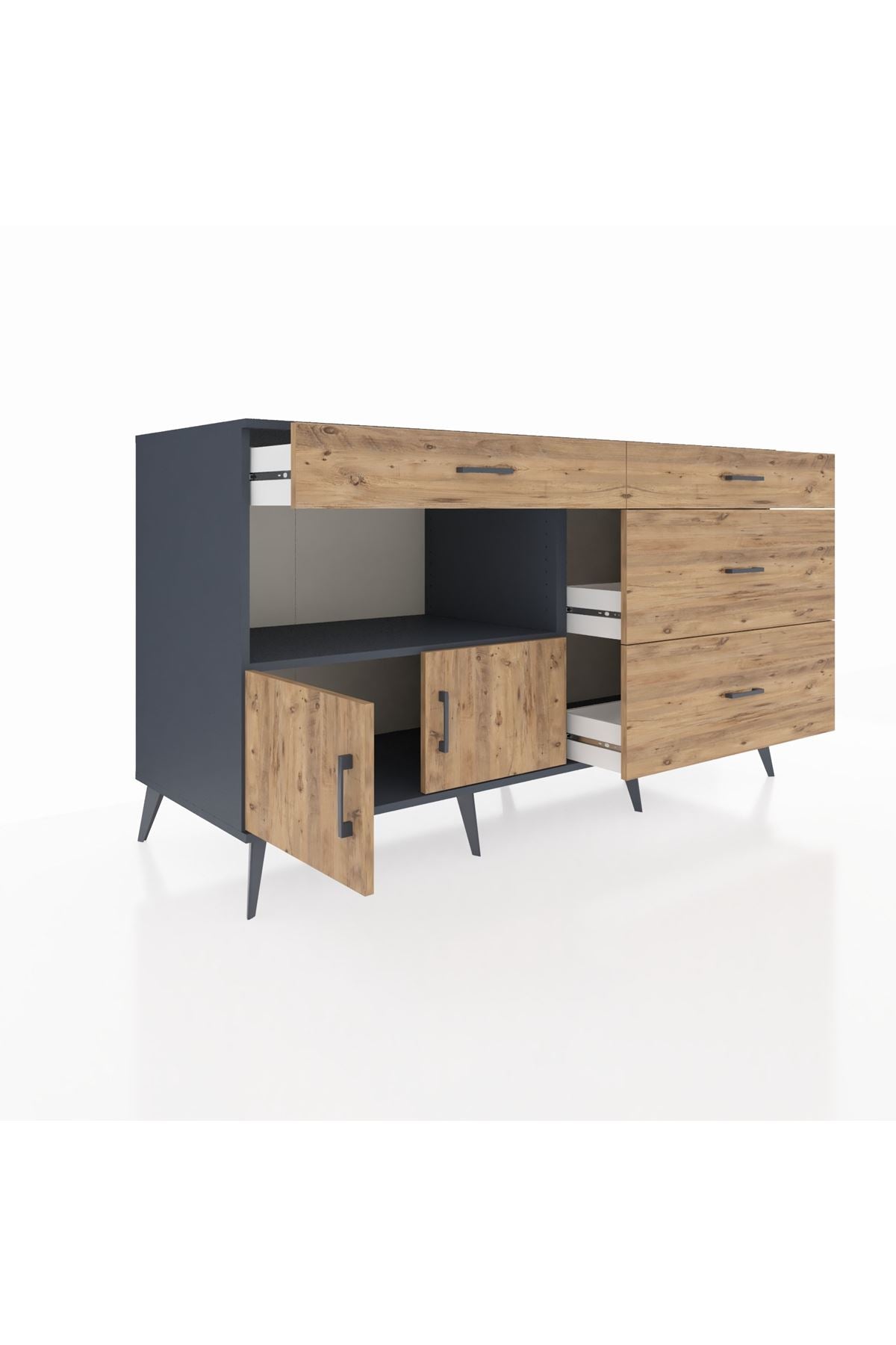 Kronos Konsol Tek Raflı 4 Çekmeceli 2 Kapaklı 176x59x99 Antrasit-Çam