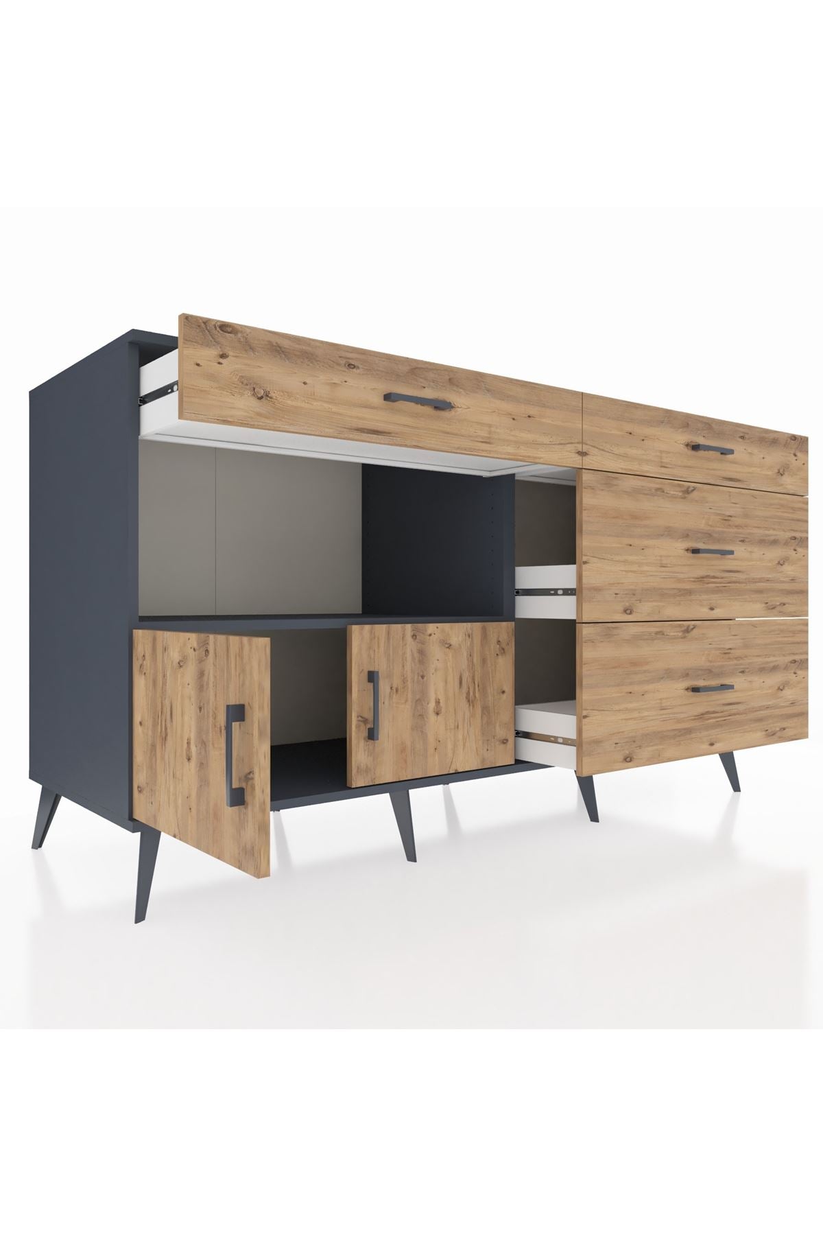 Kronos Konsol Tek Raflı 4 Çekmeceli 2 Kapaklı 176x59x99 Antrasit-Çam