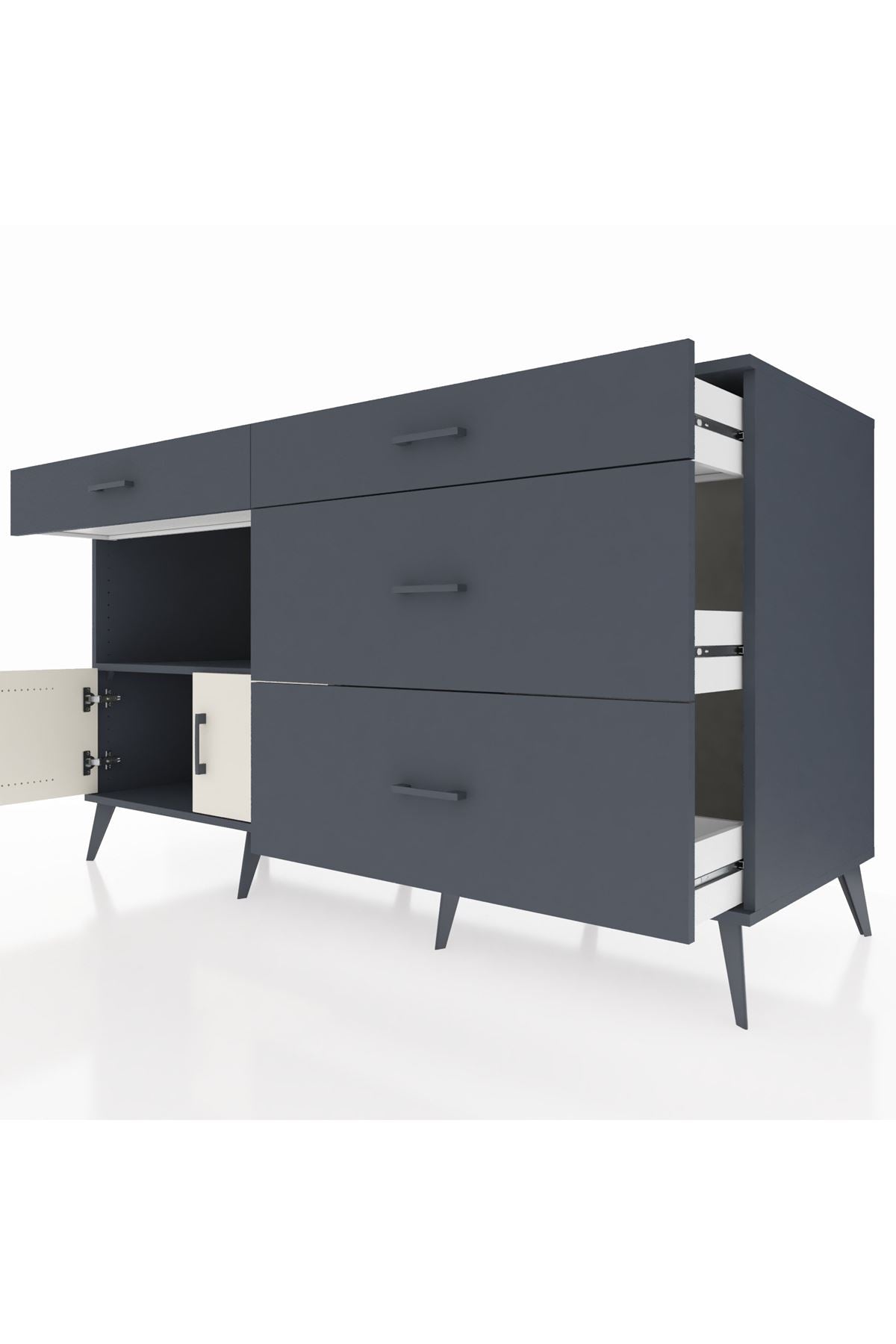 Kronos Konsol Tek Raflı 4 Çekmeceli 2 Kapaklı 176x59x99 Antrasit-Aytaşı/Antrasit