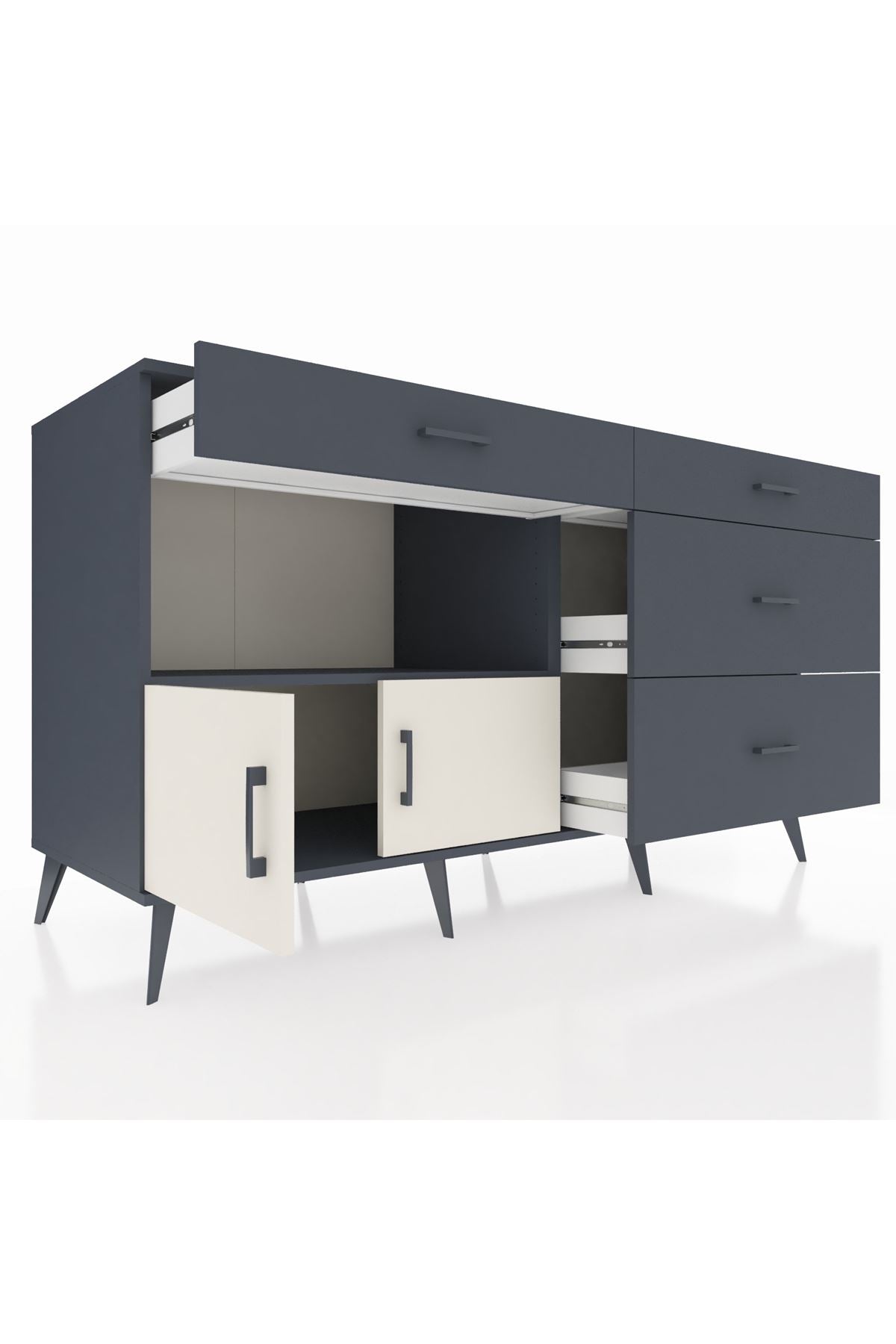 Kronos Konsol Tek Raflı 4 Çekmeceli 2 Kapaklı 176x59x99 Antrasit-Aytaşı/Antrasit