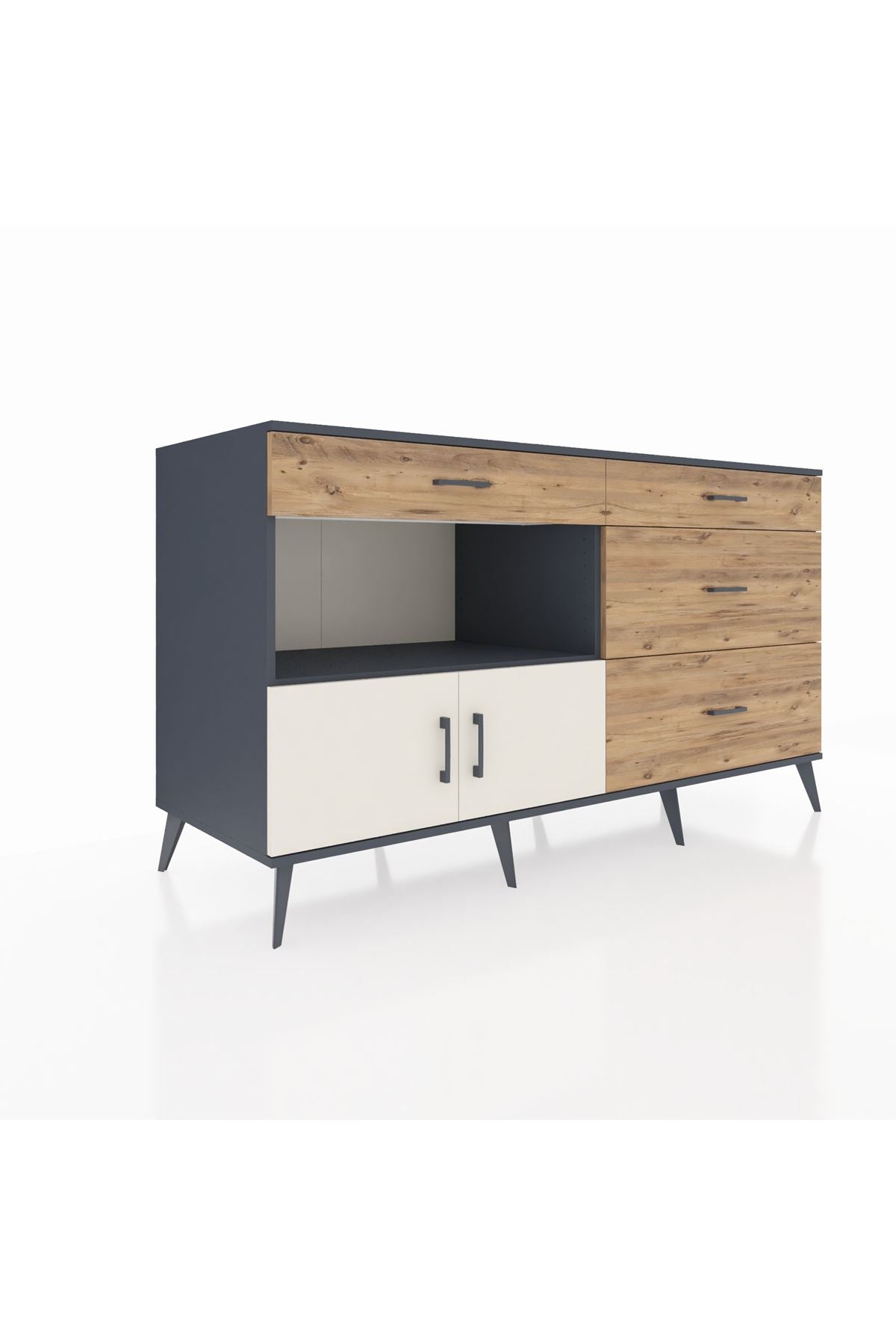 Kronos Konsol Tek Raflı 4 Çekmeceli 2 Kapaklı 176x59x99 Antrasit-Aytaşı/Çam