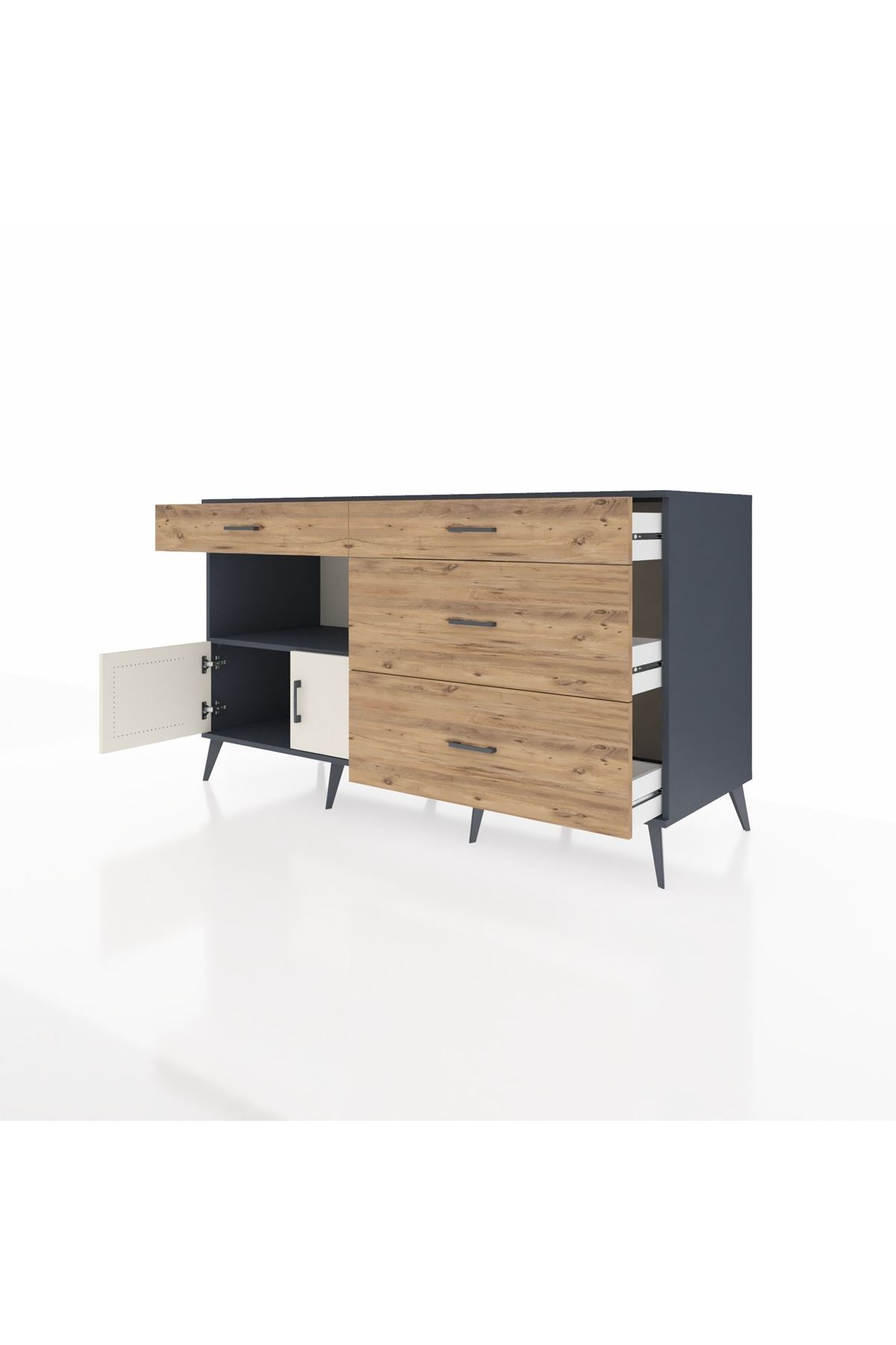 Kronos Konsol Tek Raflı 4 Çekmeceli 2 Kapaklı 176x59x99 Antrasit-Aytaşı/Çam