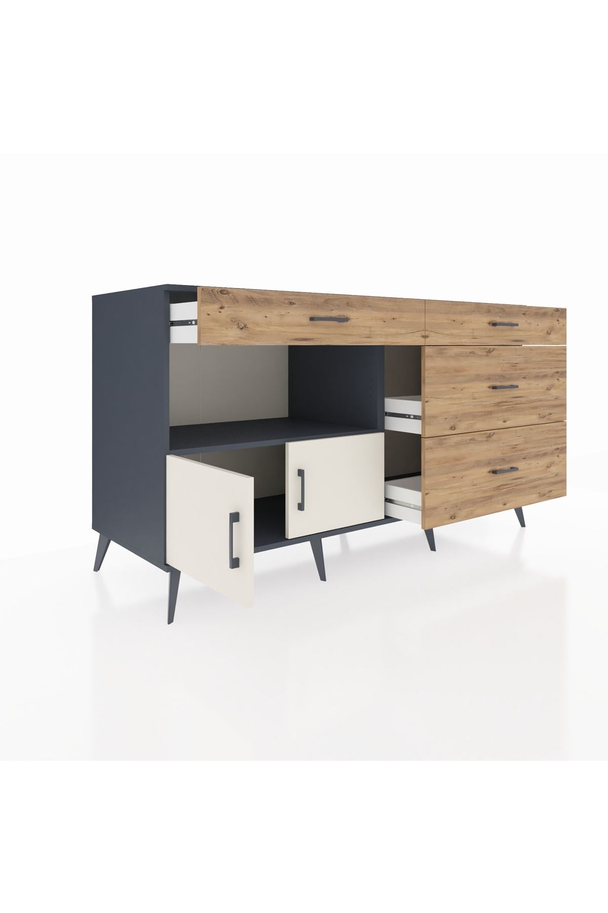 Kronos Konsol Tek Raflı 4 Çekmeceli 2 Kapaklı 176x59x99 Antrasit-Aytaşı/Çam