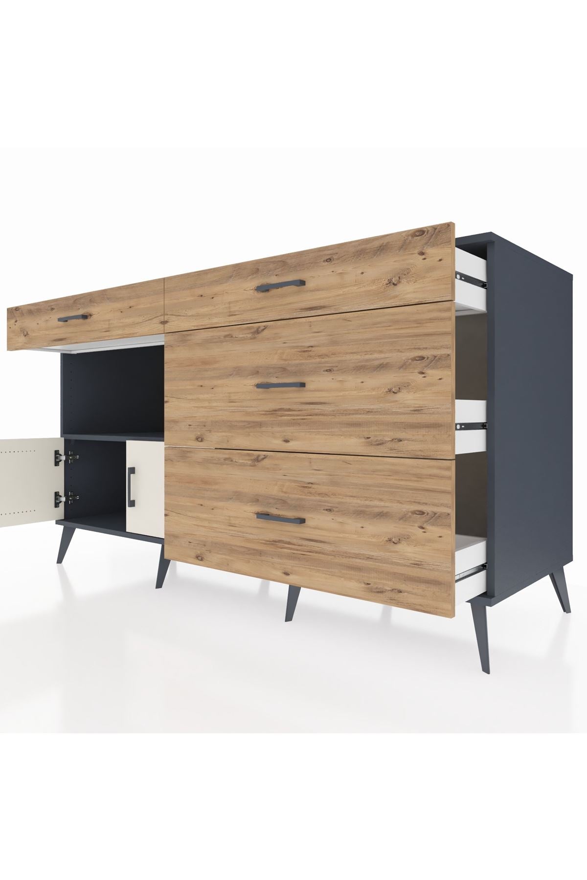 Kronos Konsol Tek Raflı 4 Çekmeceli 2 Kapaklı 176x59x99 Antrasit-Aytaşı/Çam