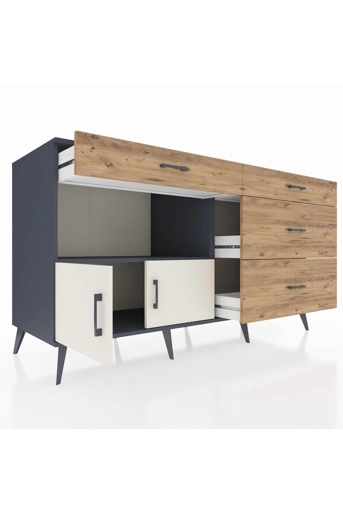 Kronos Konsol Tek Raflı 4 Çekmeceli 2 Kapaklı 176x59x99 Antrasit-Aytaşı/Çam