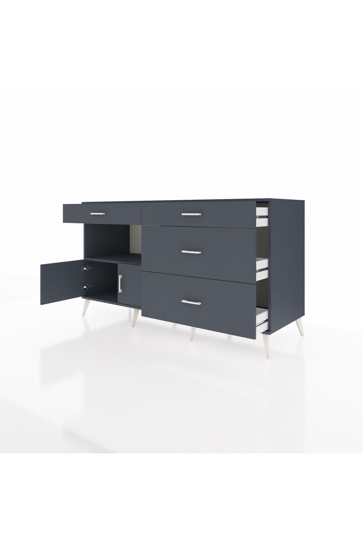 Kronos Konsol Tek Raflı 4 Çekmeceli 2 Kapaklı 176x59x99 Antrasit-Antrasit