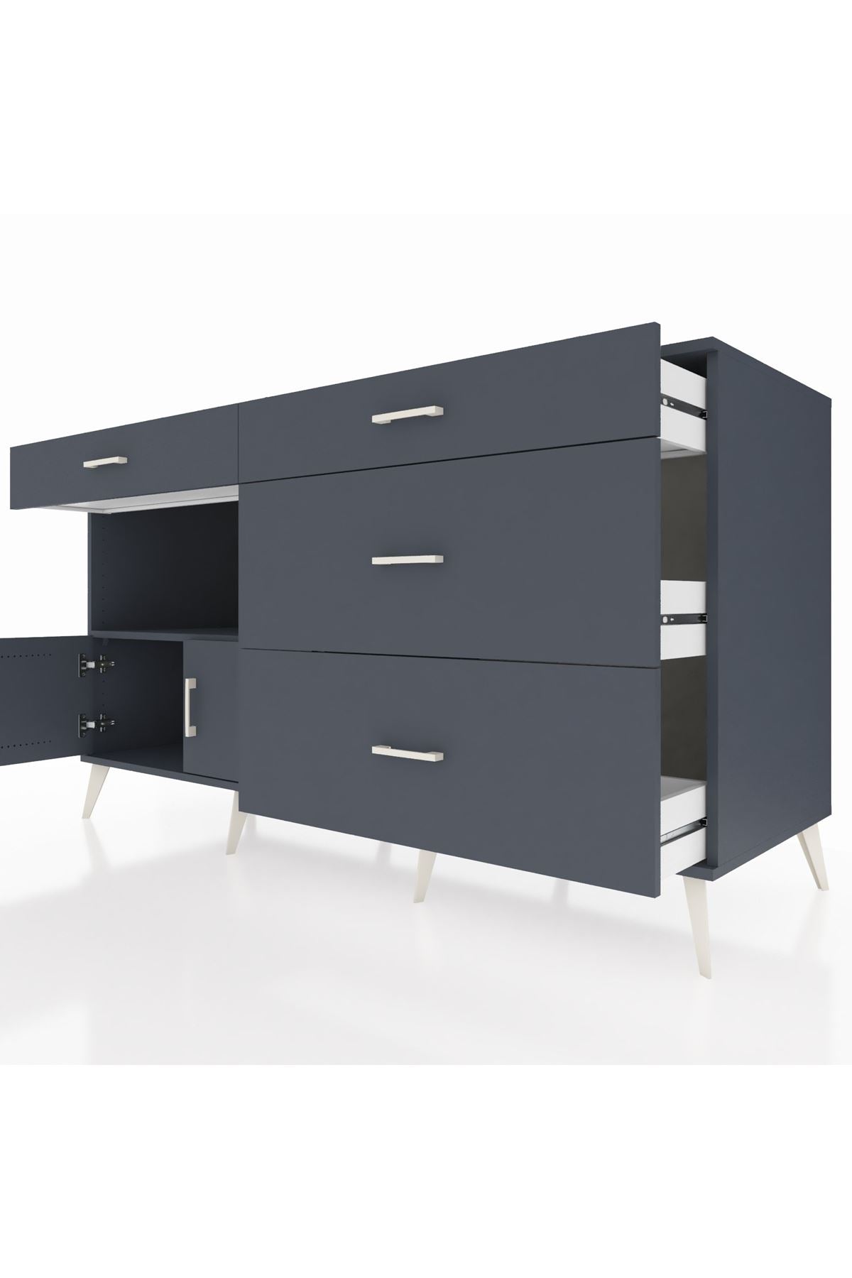 Kronos Konsol Tek Raflı 4 Çekmeceli 2 Kapaklı 176x59x99 Antrasit-Antrasit