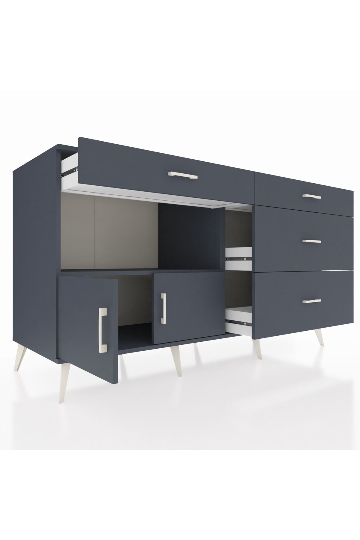 Kronos Konsol Tek Raflı 4 Çekmeceli 2 Kapaklı 176x59x99 Antrasit-Antrasit