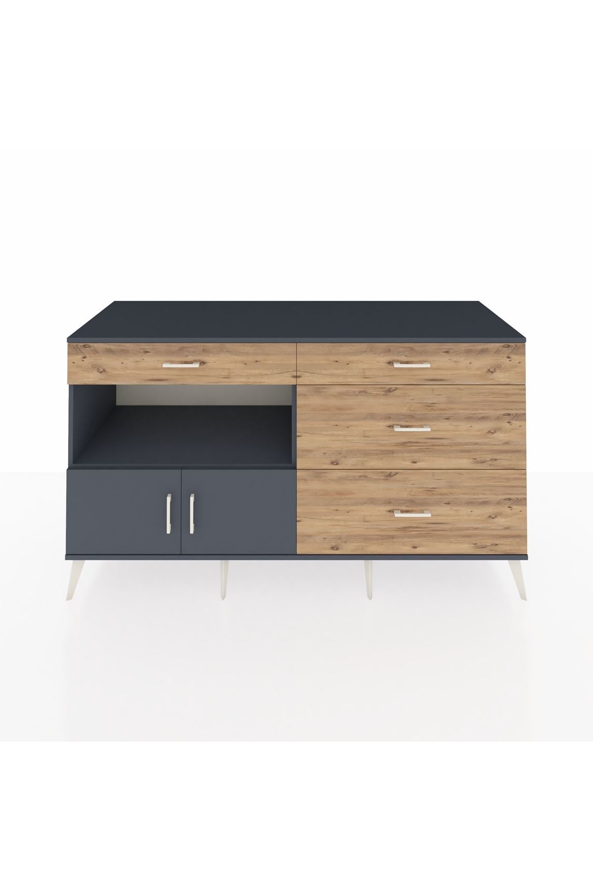 Kronos Konsol Tek Raflı 4 Çekmeceli 2 Kapaklı 176x59x99 Antrasit-Antrasit/Çam