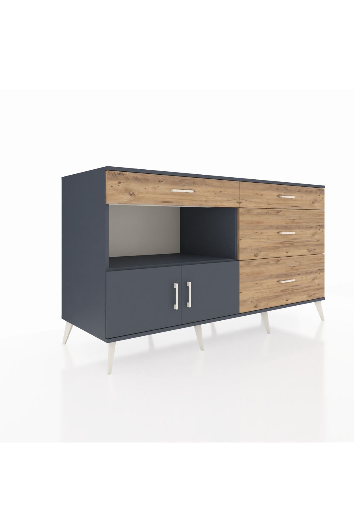 Kronos Konsol Tek Raflı 4 Çekmeceli 2 Kapaklı 176x59x99 Antrasit-Antrasit/Çam