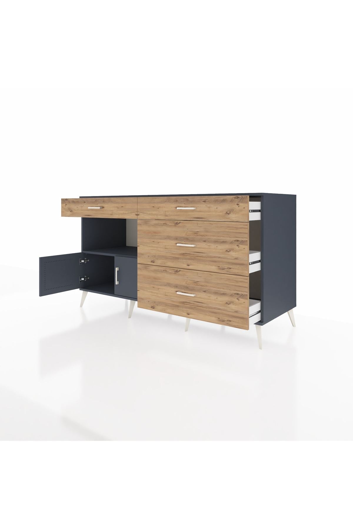 Kronos Konsol Tek Raflı 4 Çekmeceli 2 Kapaklı 176x59x99 Antrasit-Antrasit/Çam