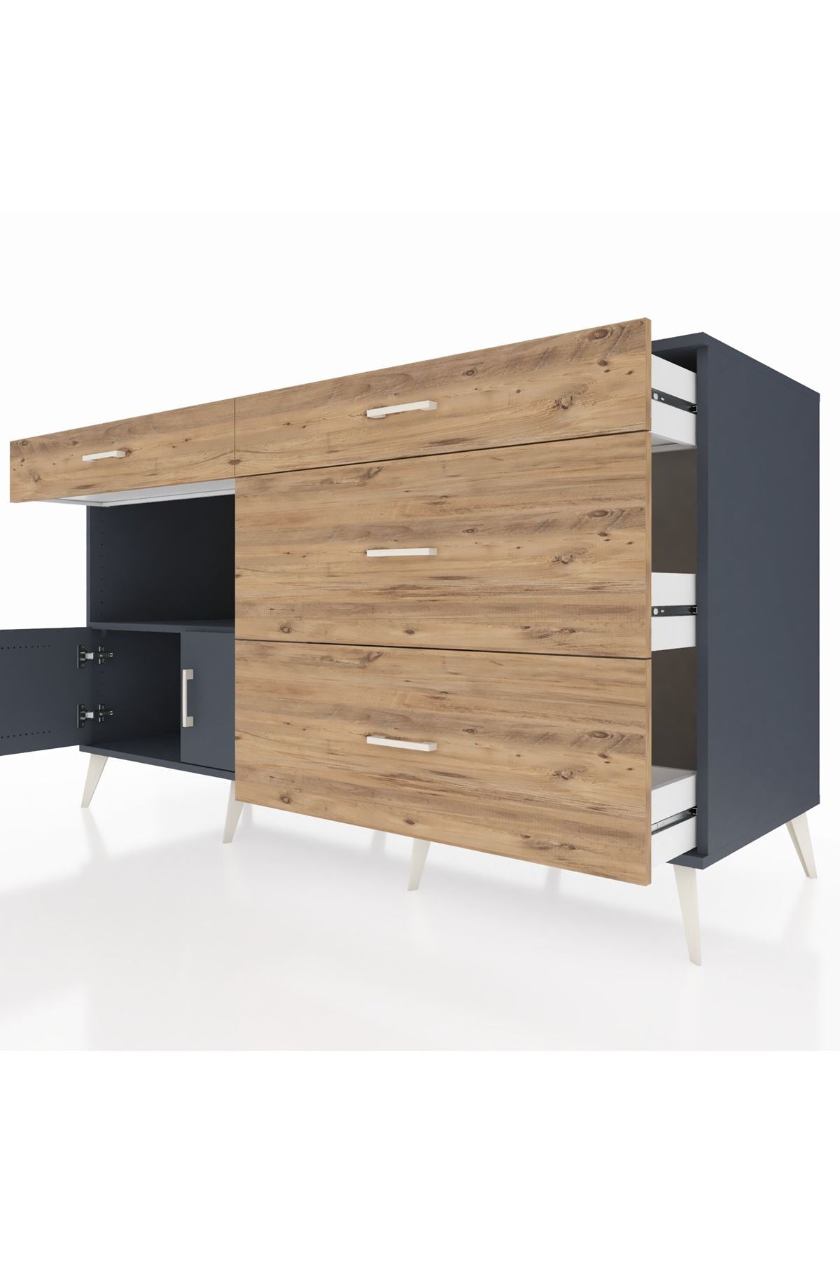 Kronos Konsol Tek Raflı 4 Çekmeceli 2 Kapaklı 176x59x99 Antrasit-Antrasit/Çam