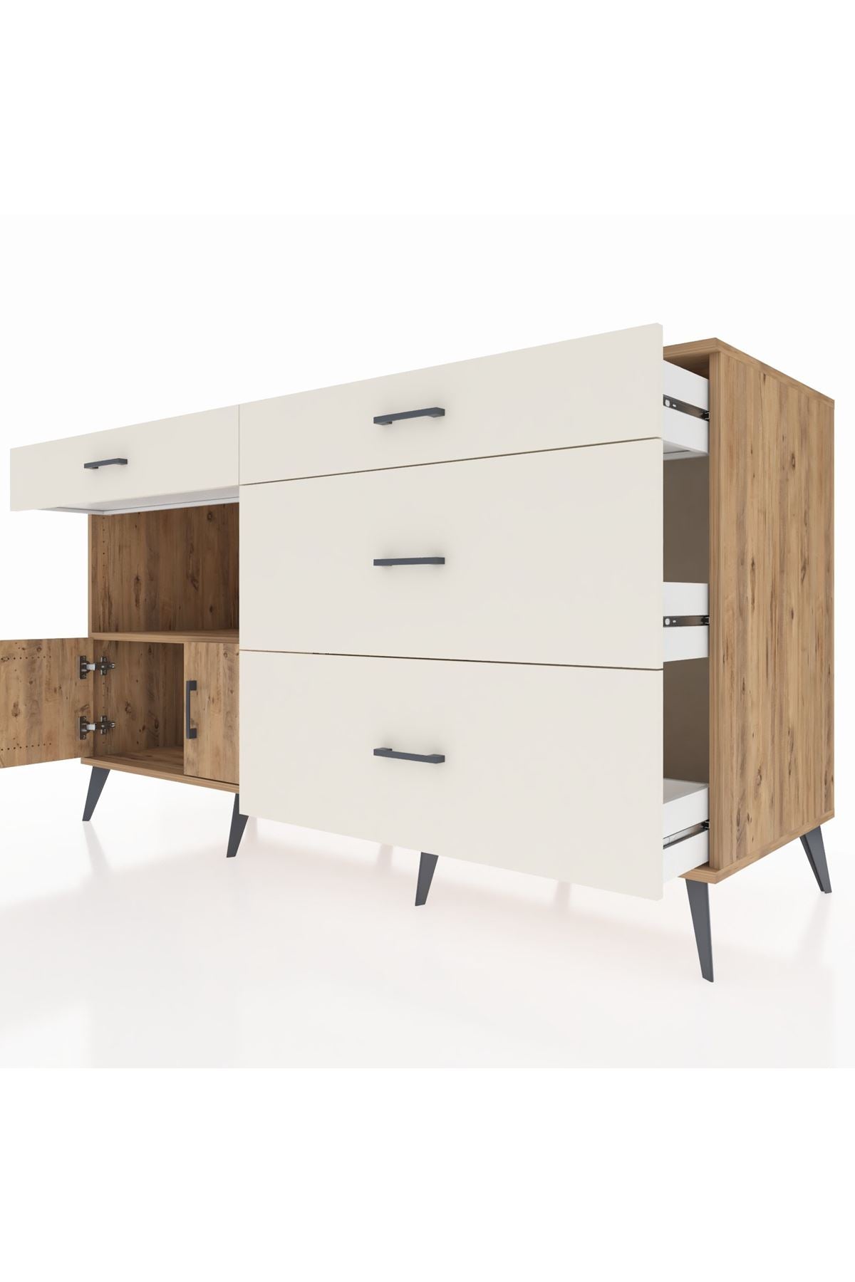 Kronos Konsol Tek Raflı 4 Çekmeceli 2 Kapaklı 176x59x99 Çam-Çam/Aytaşı