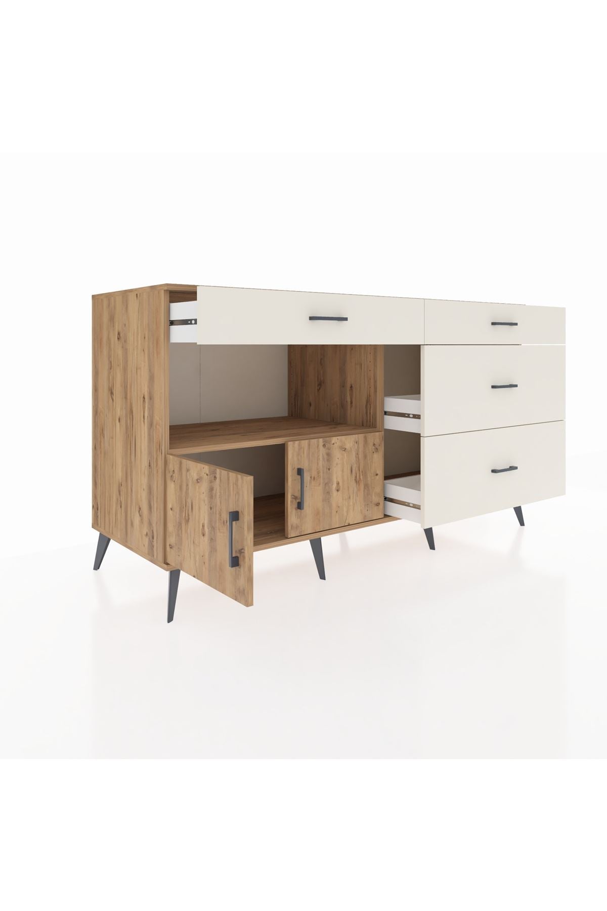 Kronos Konsol Tek Raflı 4 Çekmeceli 2 Kapaklı 176x59x99 Çam-Çam/Aytaşı