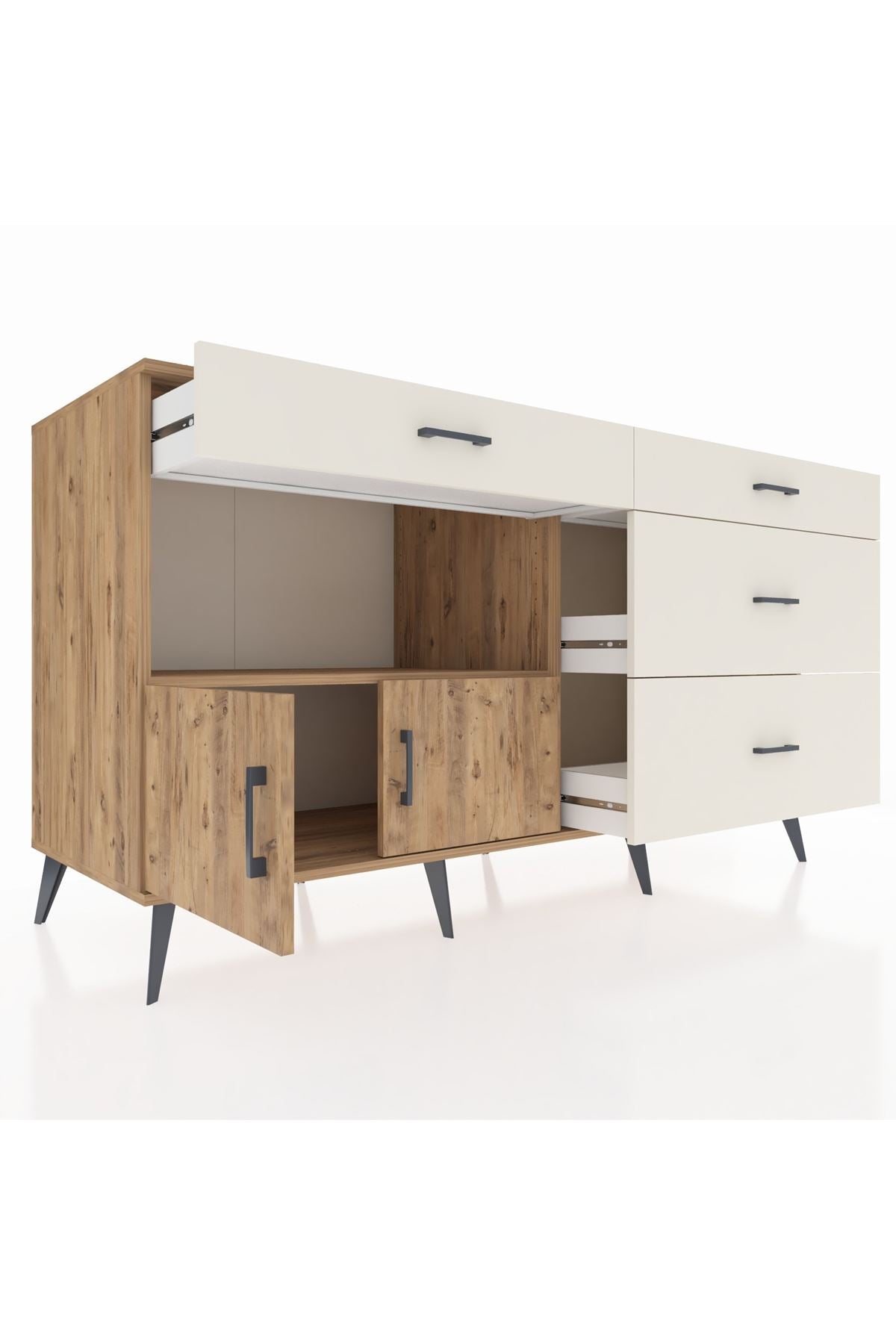 Kronos Konsol Tek Raflı 4 Çekmeceli 2 Kapaklı 176x59x99 Çam-Çam/Aytaşı