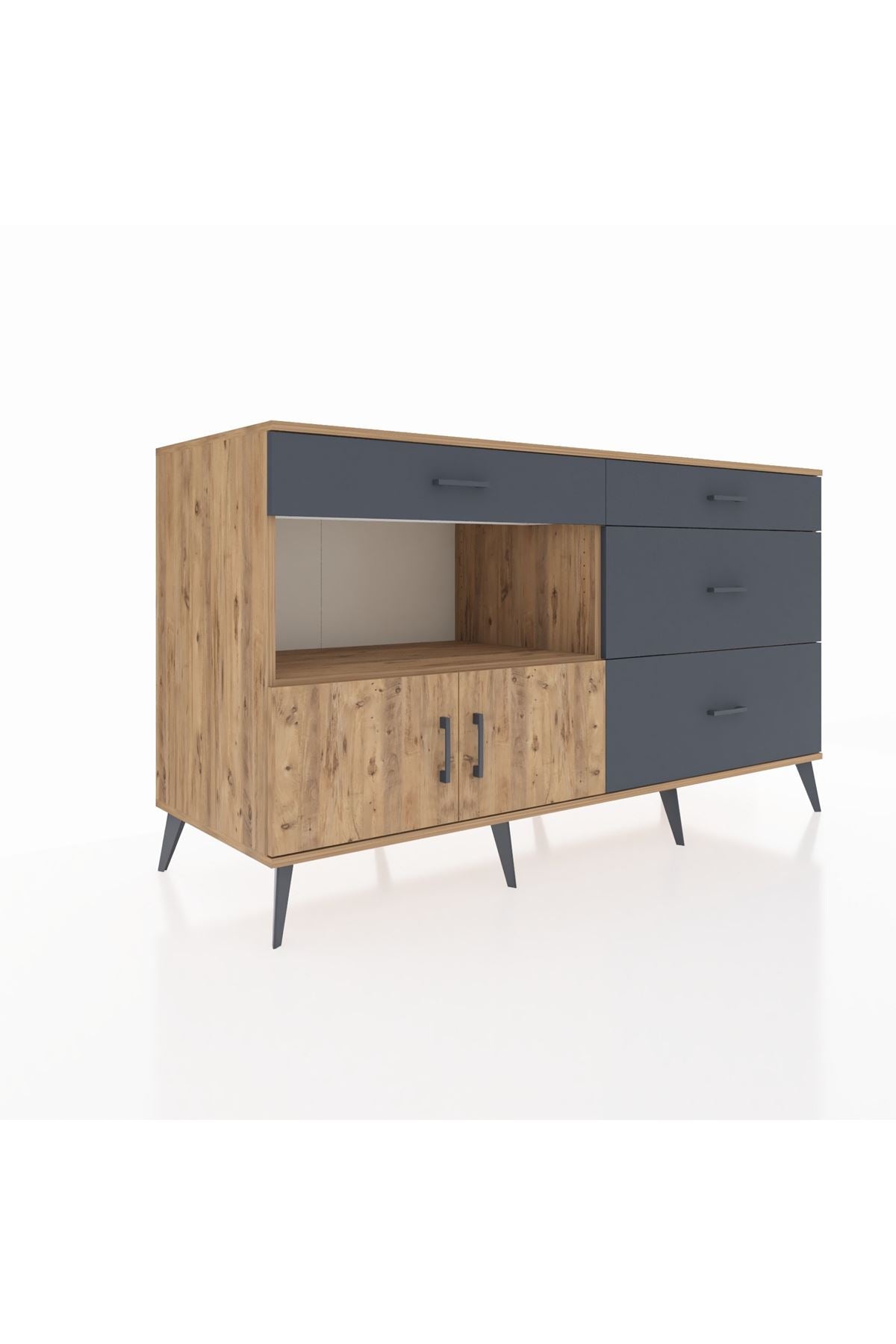 Kronos Konsol Tek Raflı 4 Çekmeceli 2 Kapaklı 176x59x99 Çam-Çam/Antrasit