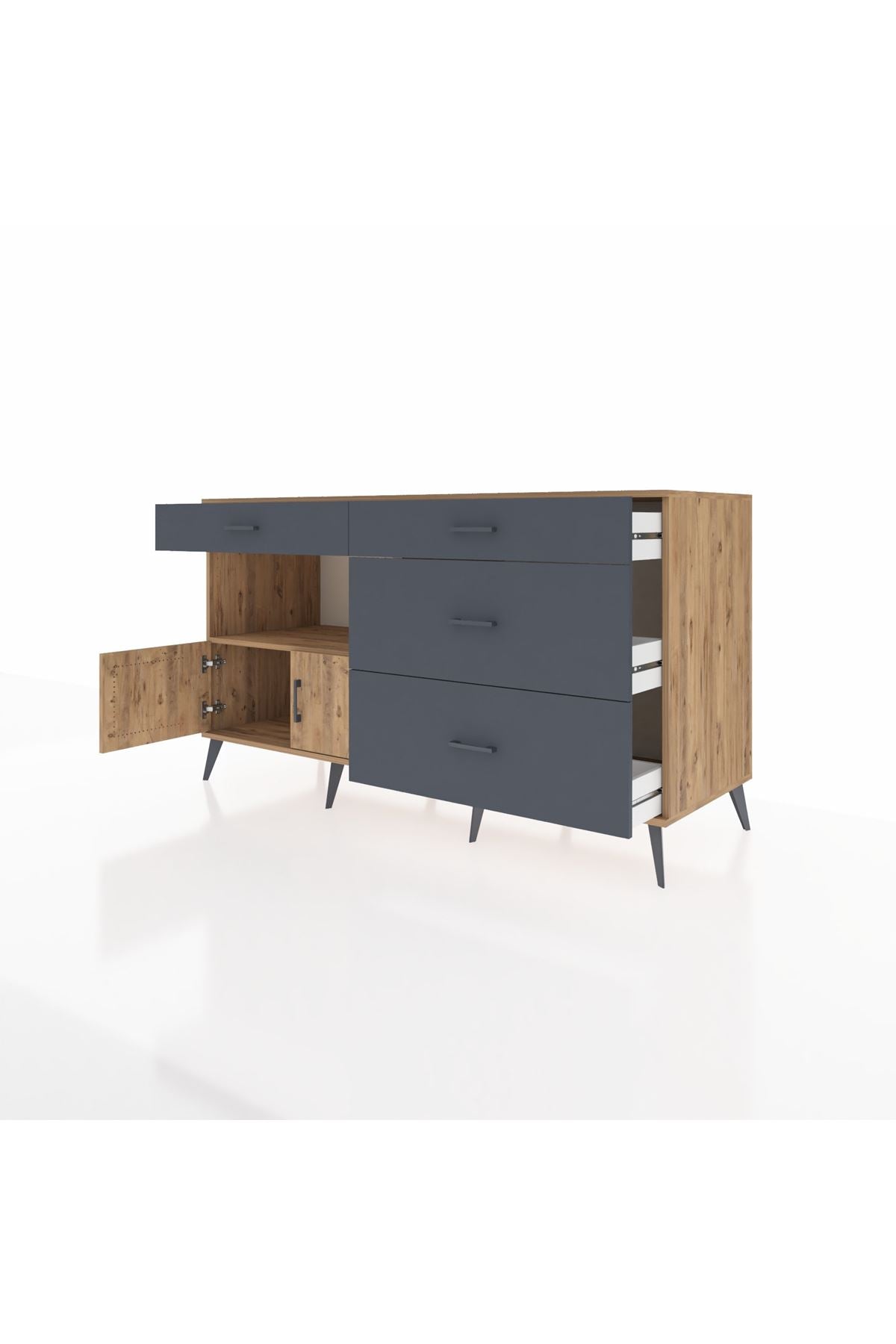 Kronos Konsol Tek Raflı 4 Çekmeceli 2 Kapaklı 176x59x99 Çam-Çam/Antrasit