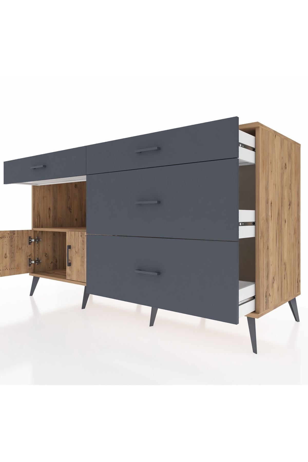 Kronos Konsol Tek Raflı 4 Çekmeceli 2 Kapaklı 176x59x99 Çam-Çam/Antrasit