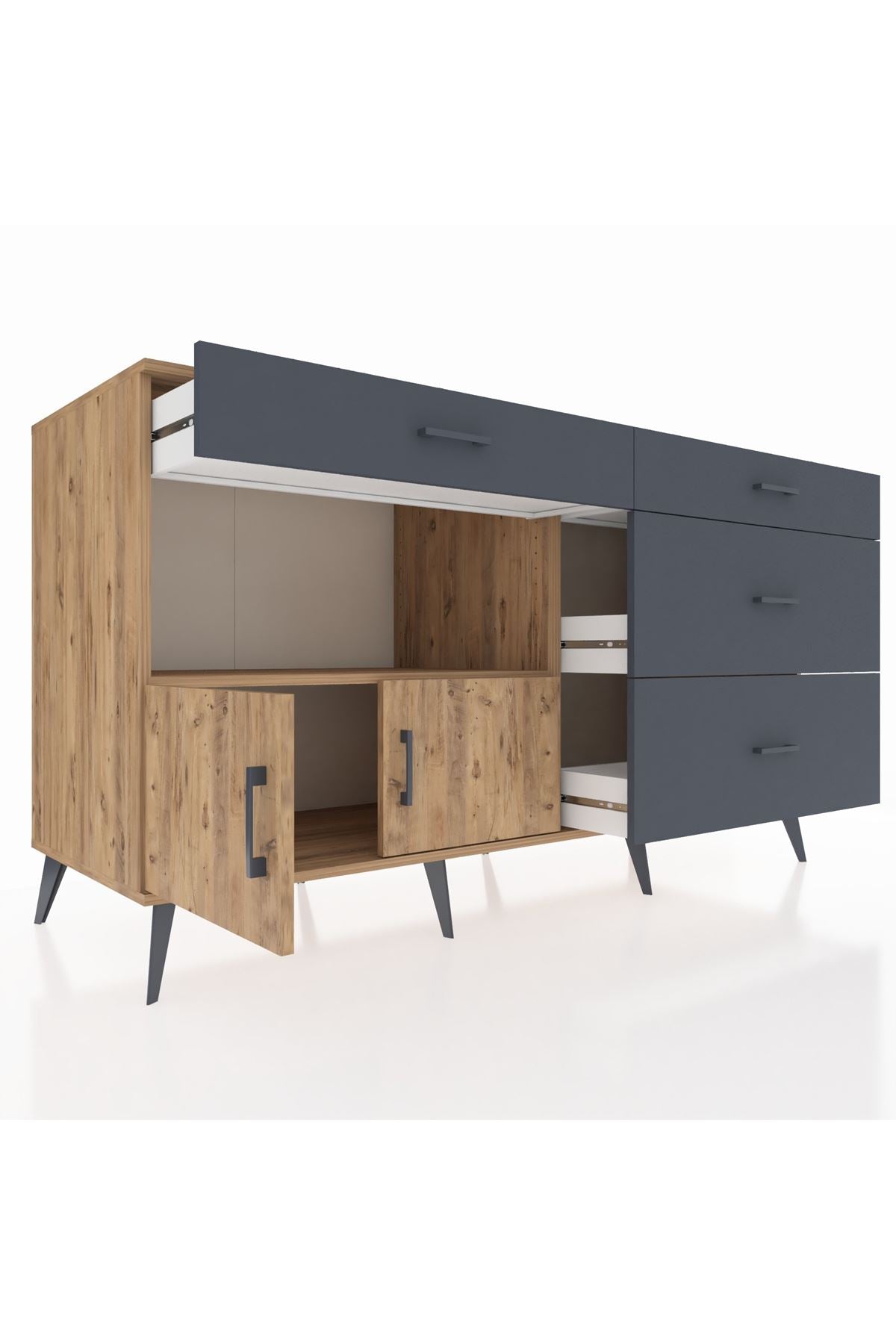 Kronos Konsol Tek Raflı 4 Çekmeceli 2 Kapaklı 176x59x99 Çam-Çam/Antrasit