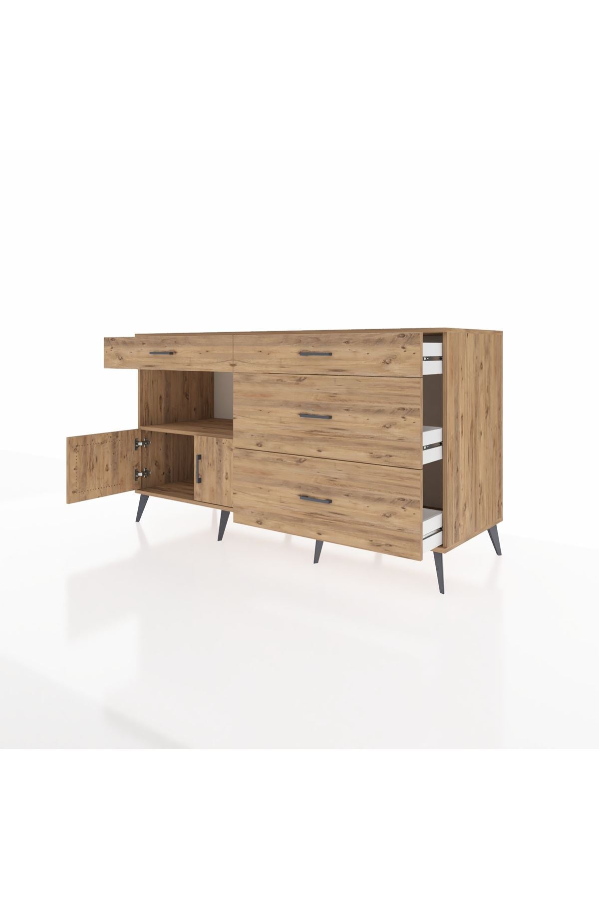 Kronos Konsol Tek Raflı 4 Çekmeceli 2 Kapaklı 176x59x99 Çam-Çam