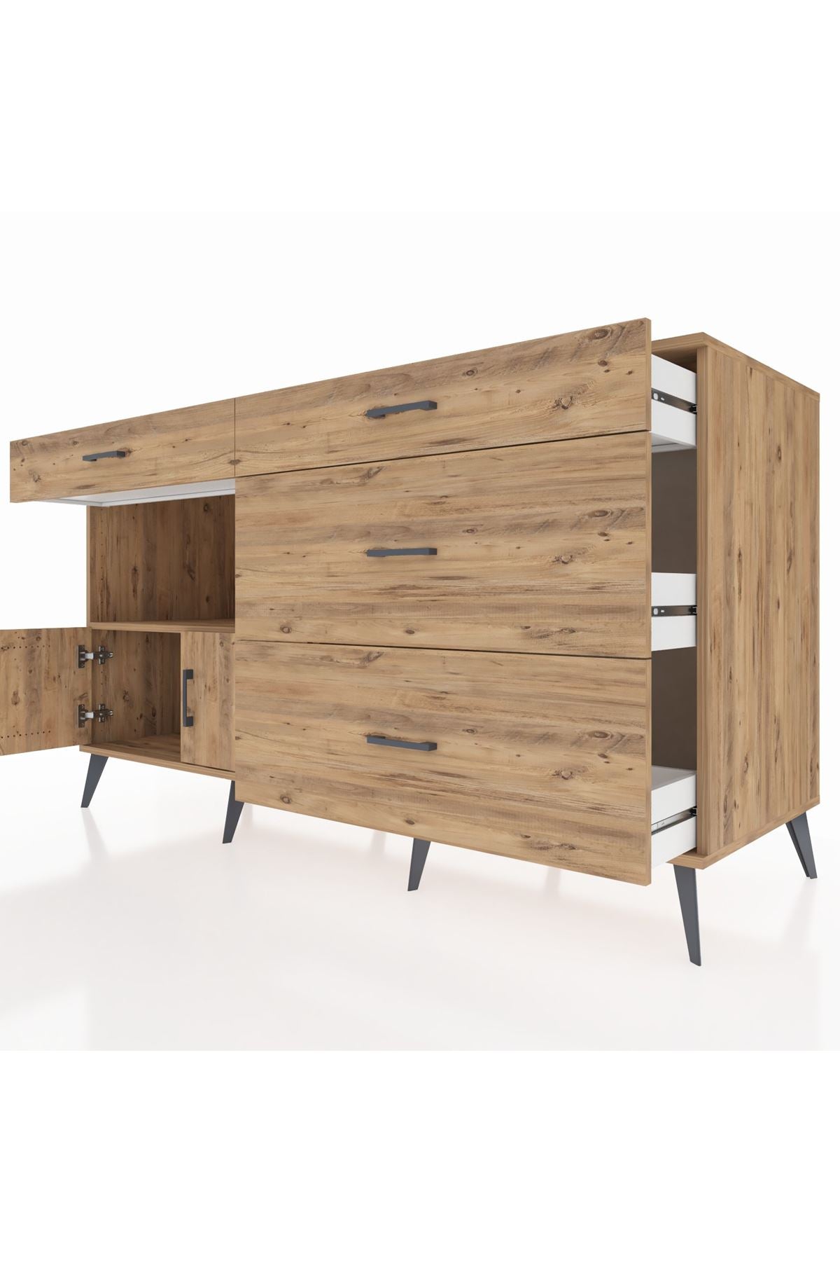 Kronos Konsol Tek Raflı 4 Çekmeceli 2 Kapaklı 176x59x99 Çam-Çam