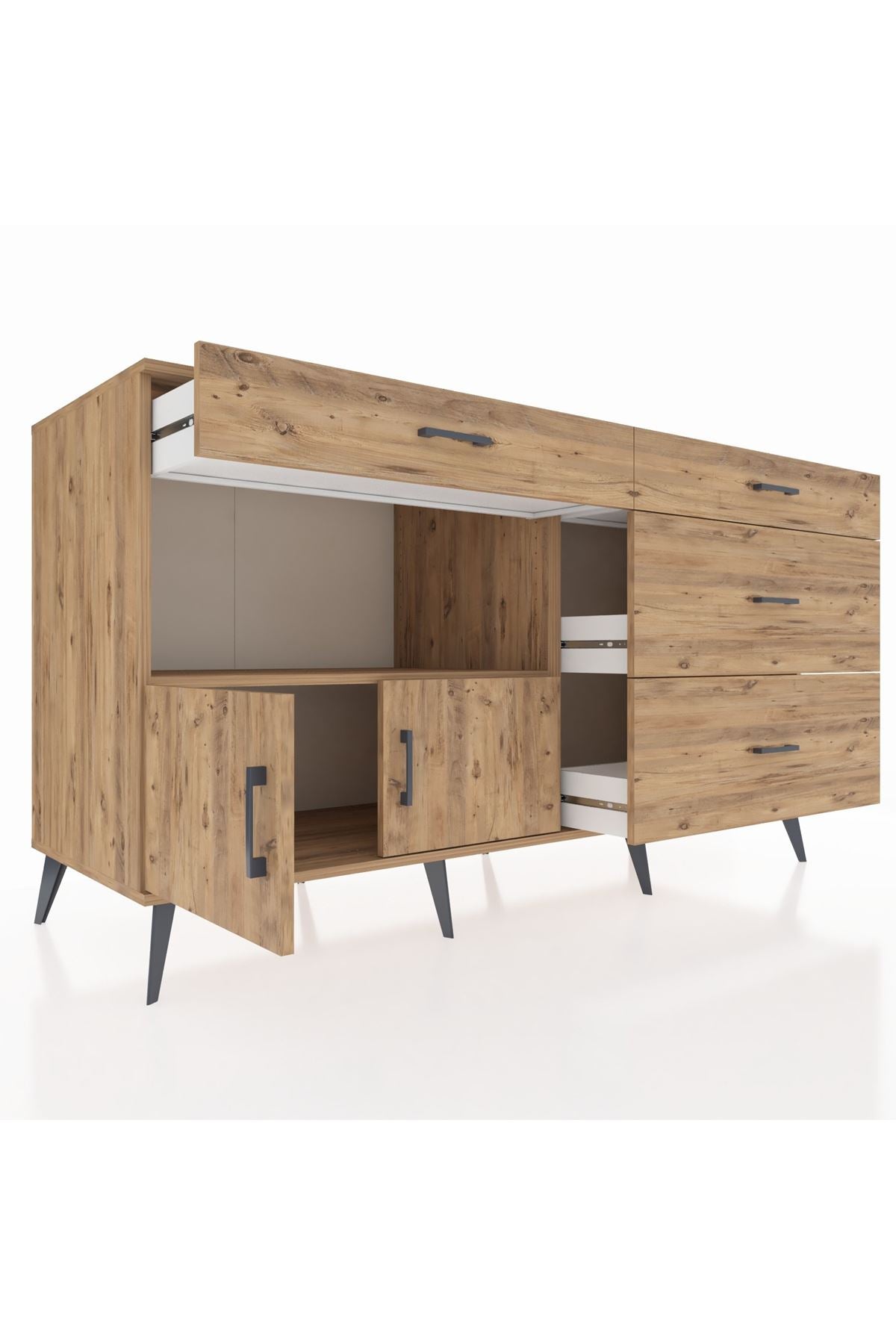 Kronos Konsol Tek Raflı 4 Çekmeceli 2 Kapaklı 176x59x99 Çam-Çam