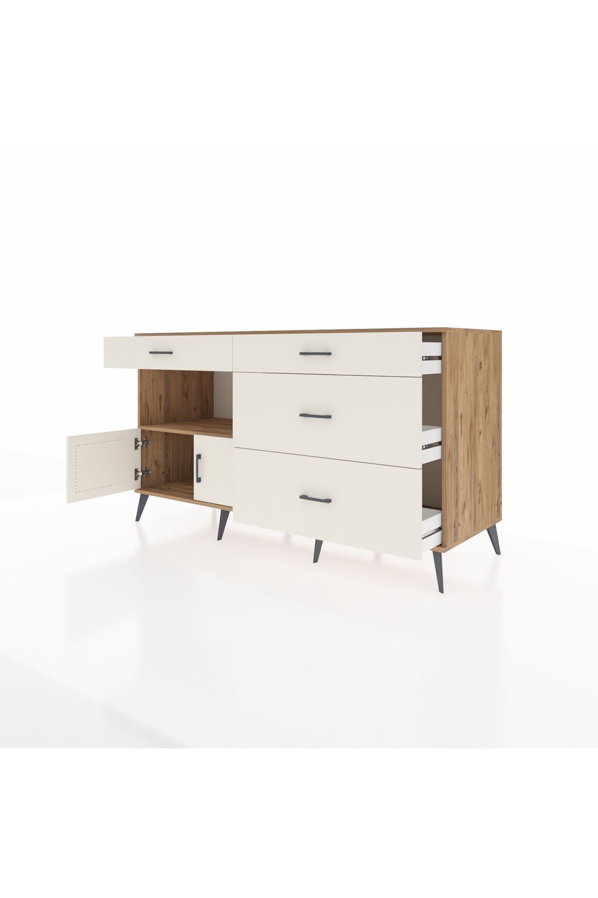 Kronos Konsol Tek Raflı 4 Çekmeceli 2 Kapaklı 176x59x99 Çam-Aytaşı