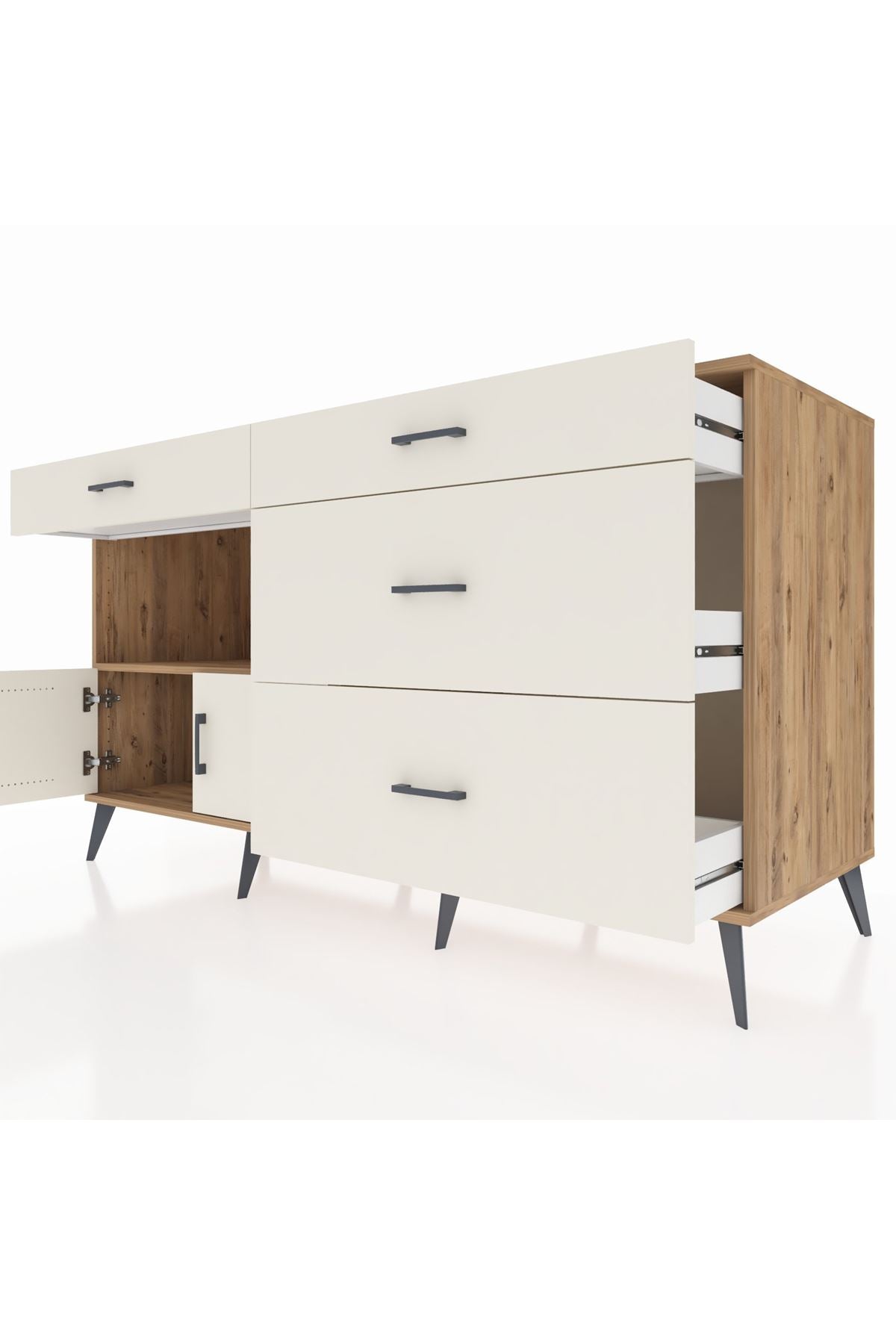 Kronos Konsol Tek Raflı 4 Çekmeceli 2 Kapaklı 176x59x99 Çam-Aytaşı