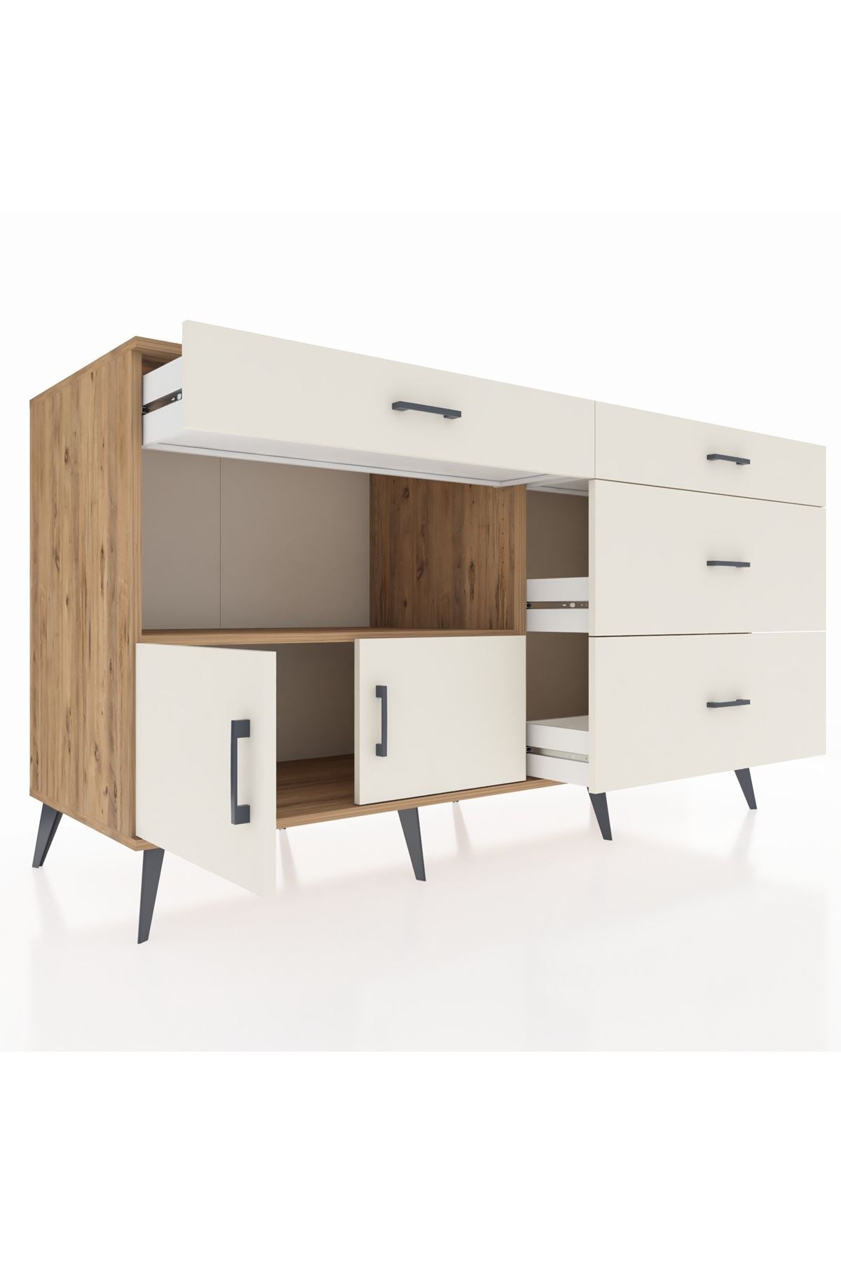 Kronos Konsol Tek Raflı 4 Çekmeceli 2 Kapaklı 176x59x99 Çam-Aytaşı