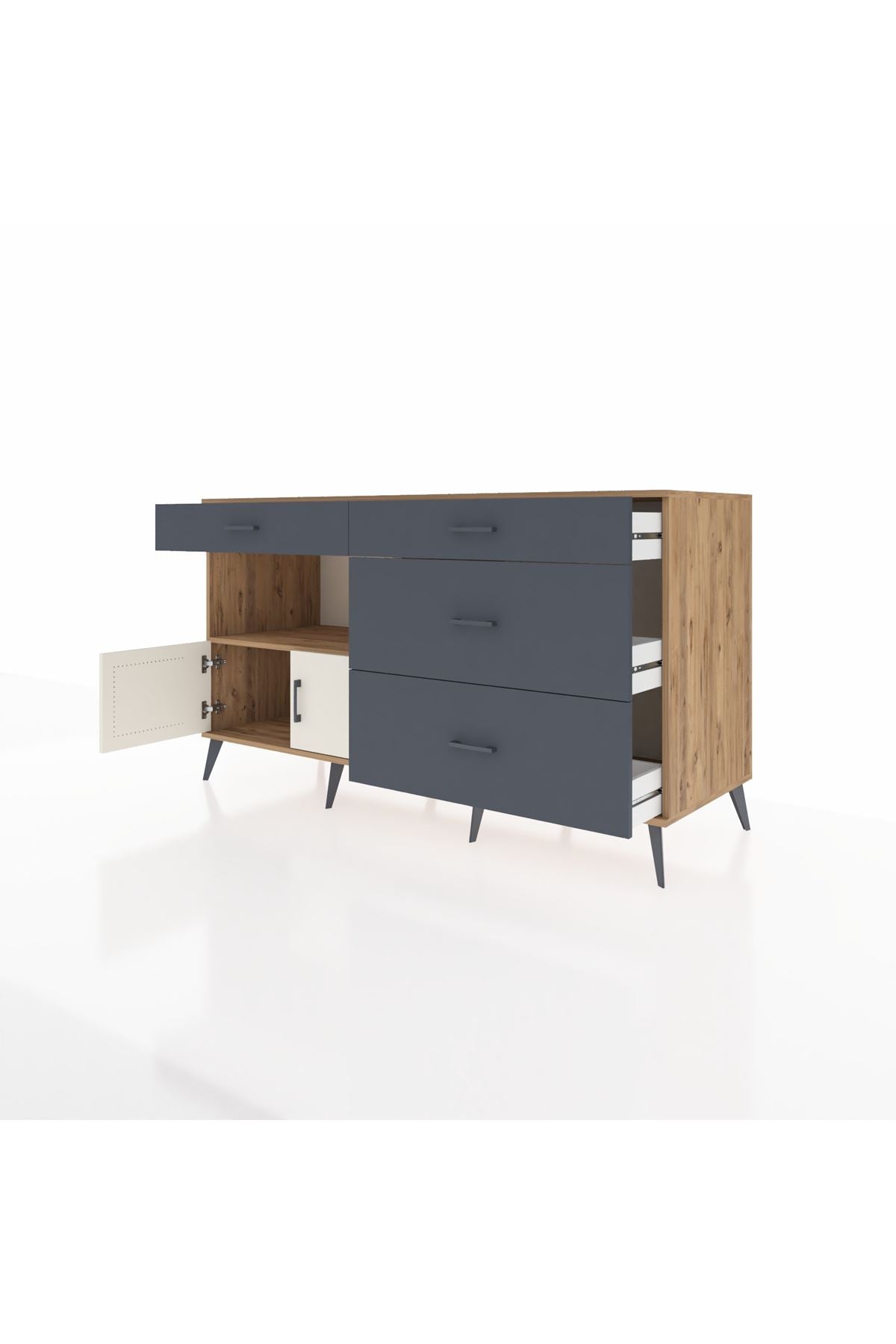 Kronos Konsol Tek Raflı 4 Çekmeceli 2 Kapaklı 176x59x99 Çam-Aytaşı/Antrasit