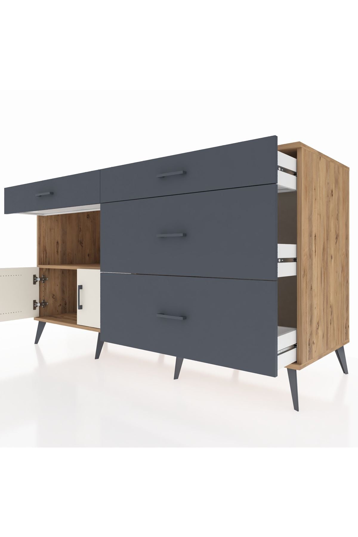 Kronos Konsol Tek Raflı 4 Çekmeceli 2 Kapaklı 176x59x99 Çam-Aytaşı/Antrasit