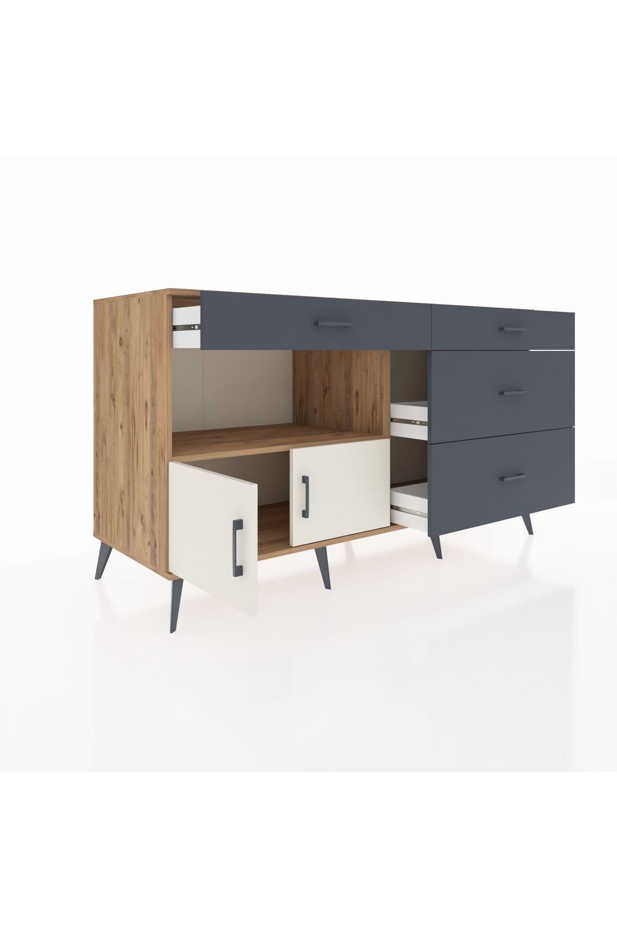 Kronos Konsol Tek Raflı 4 Çekmeceli 2 Kapaklı 176x59x99 Çam-Aytaşı/Antrasit