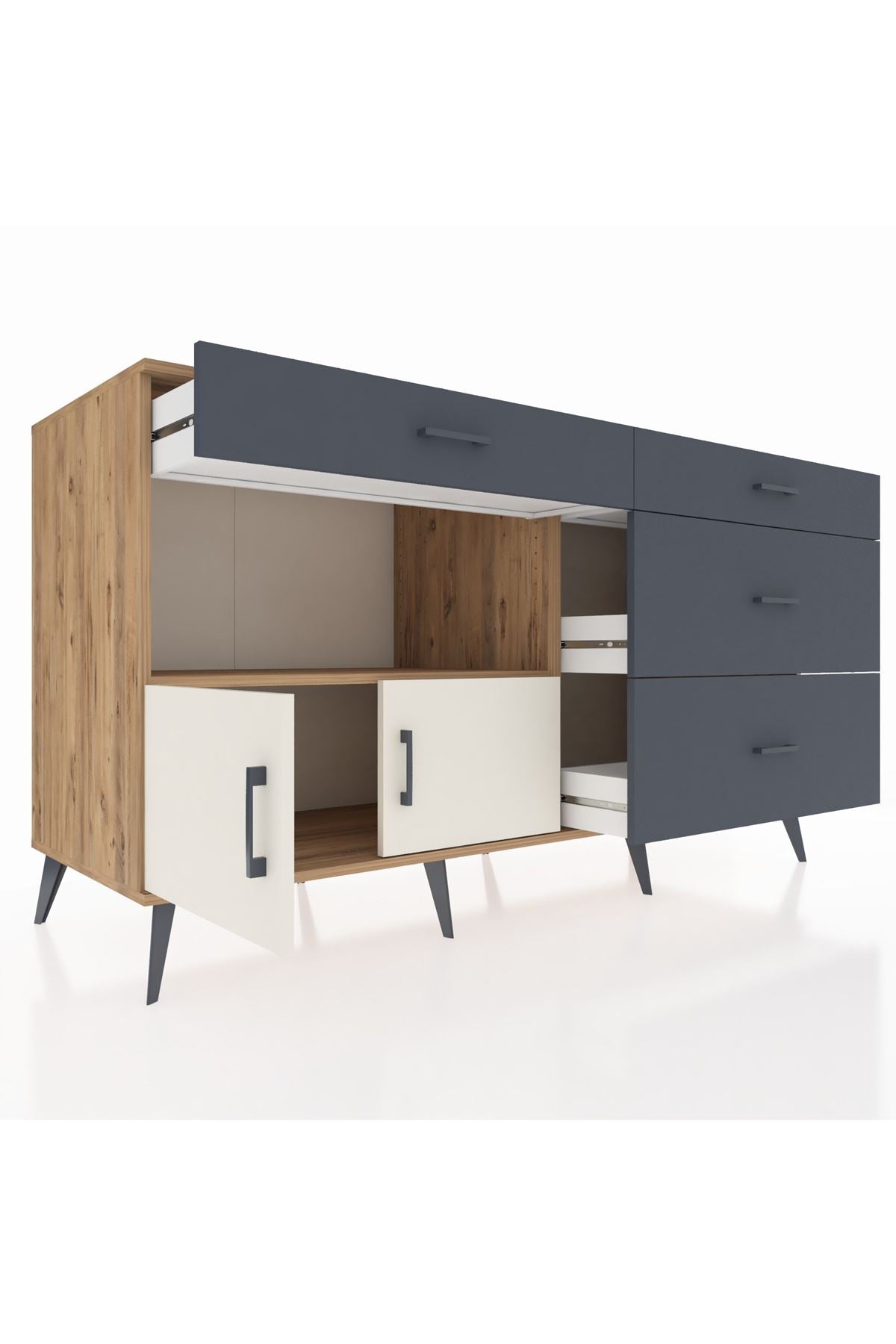 Kronos Konsol Tek Raflı 4 Çekmeceli 2 Kapaklı 176x59x99 Çam-Aytaşı/Antrasit