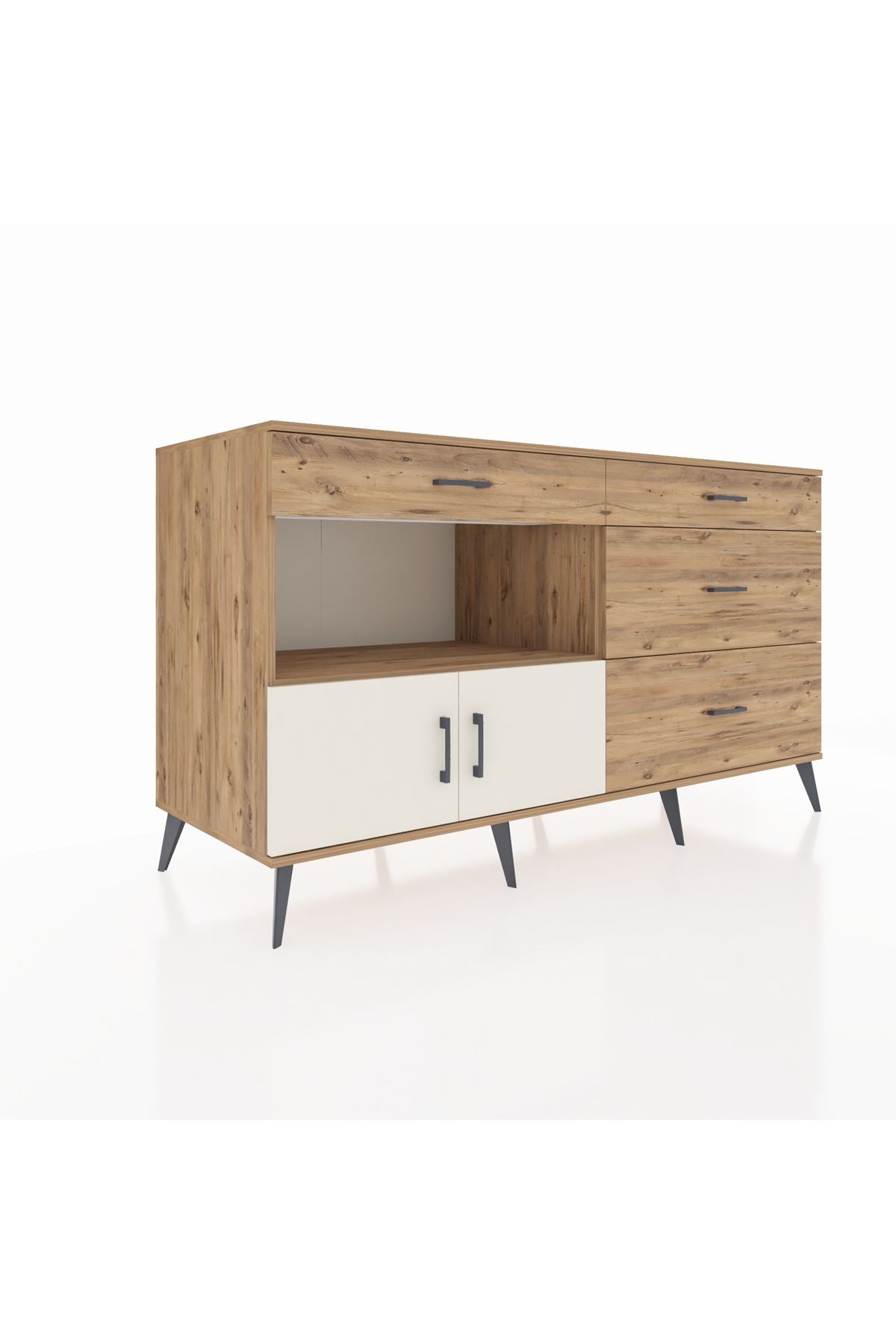 Kronos Konsol Tek Raflı 4 Çekmeceli 2 Kapaklı 176x59x99 Çam-Aytaşı/Çam