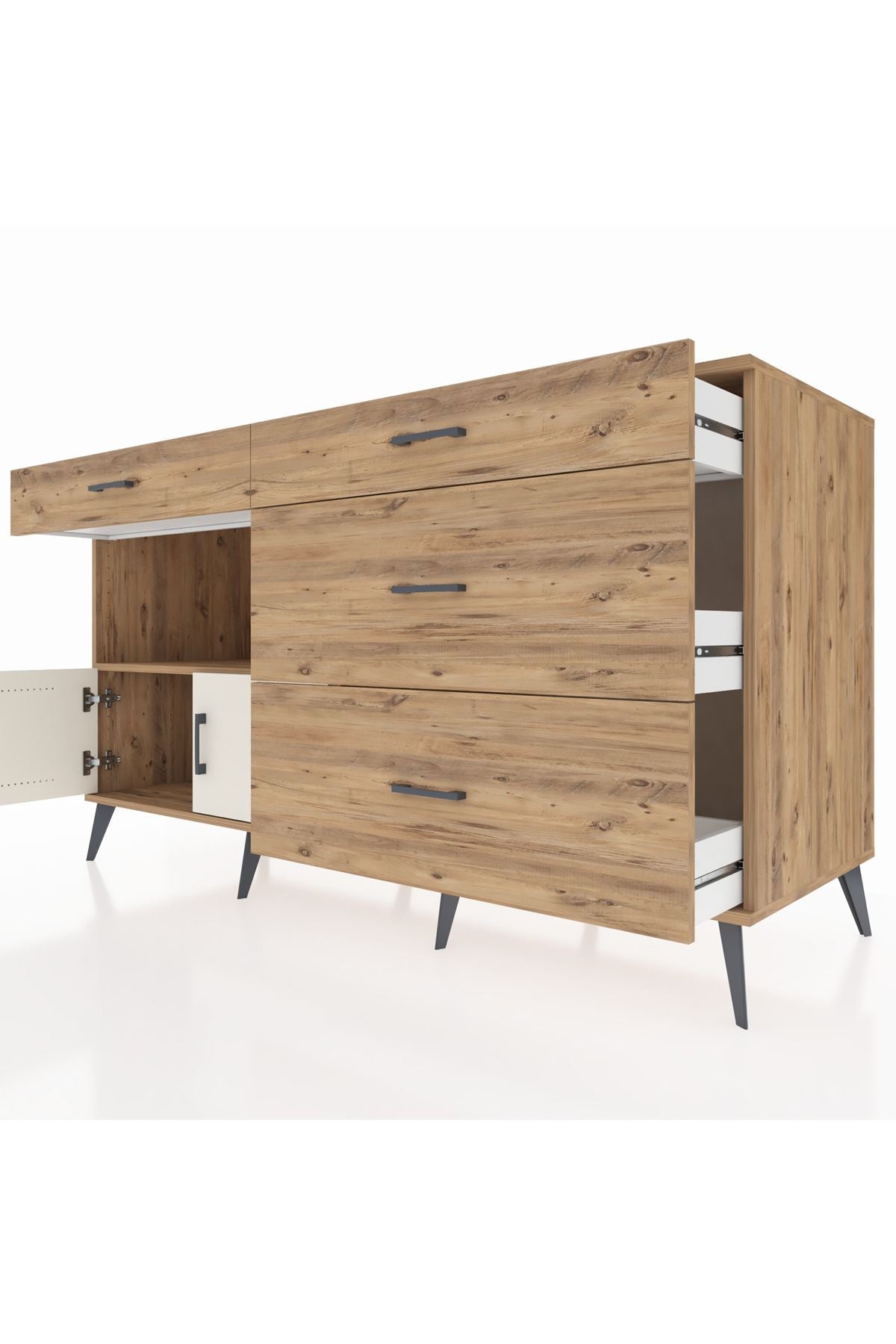 Kronos Konsol Tek Raflı 4 Çekmeceli 2 Kapaklı 176x59x99 Çam-Aytaşı/Çam