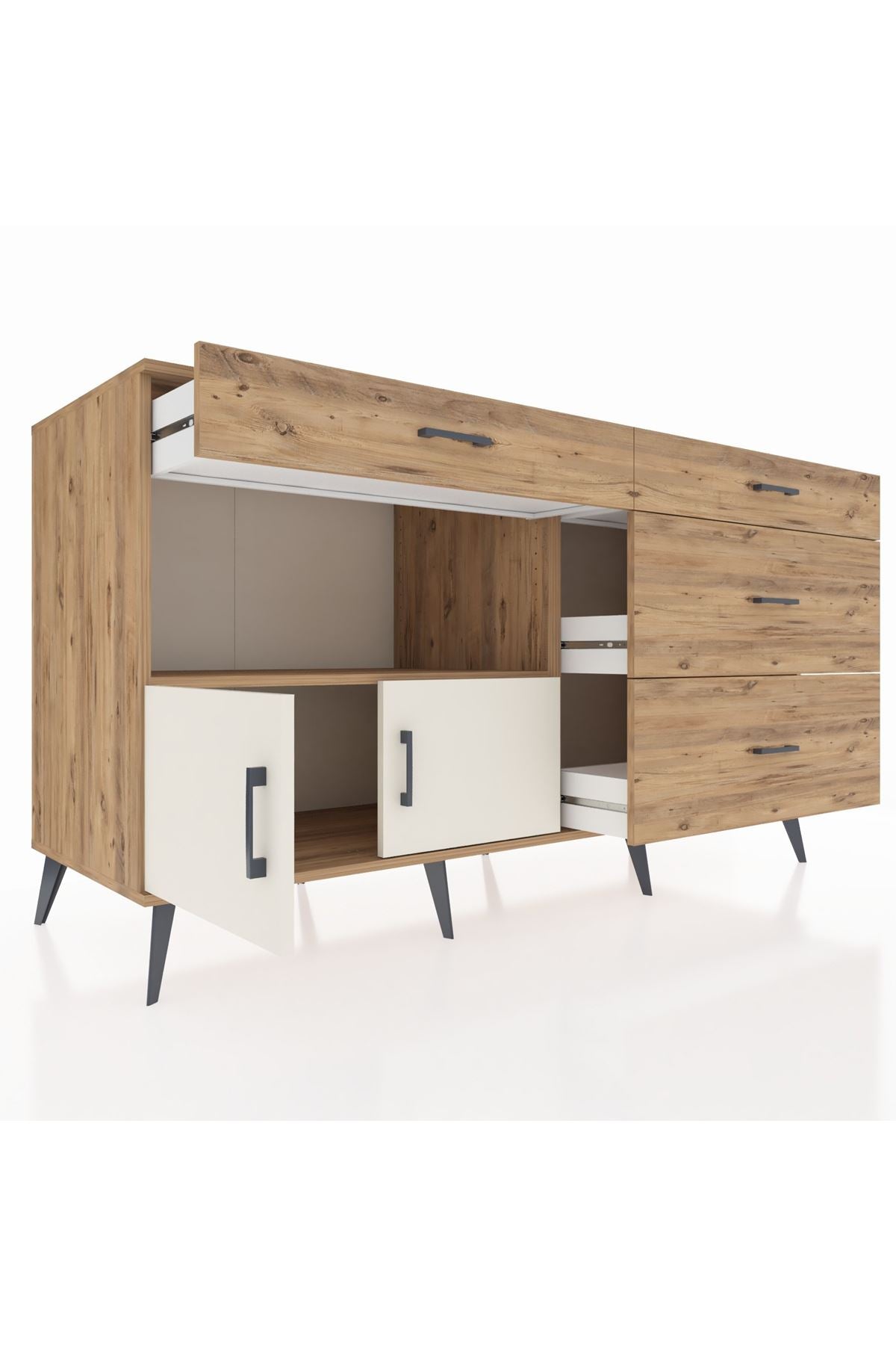 Kronos Konsol Tek Raflı 4 Çekmeceli 2 Kapaklı 176x59x99 Çam-Aytaşı/Çam