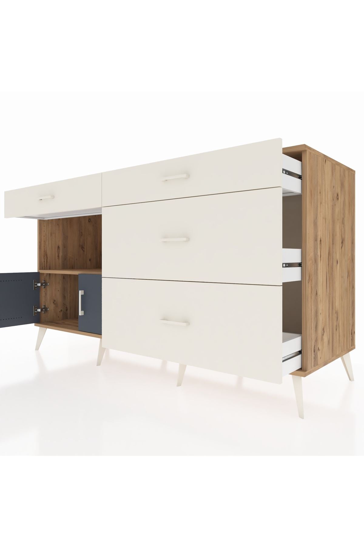 Kronos Konsol Tek Raflı 4 Çekmeceli 2 Kapaklı 176x59x99 Çam-Antrasit/Aytaşı