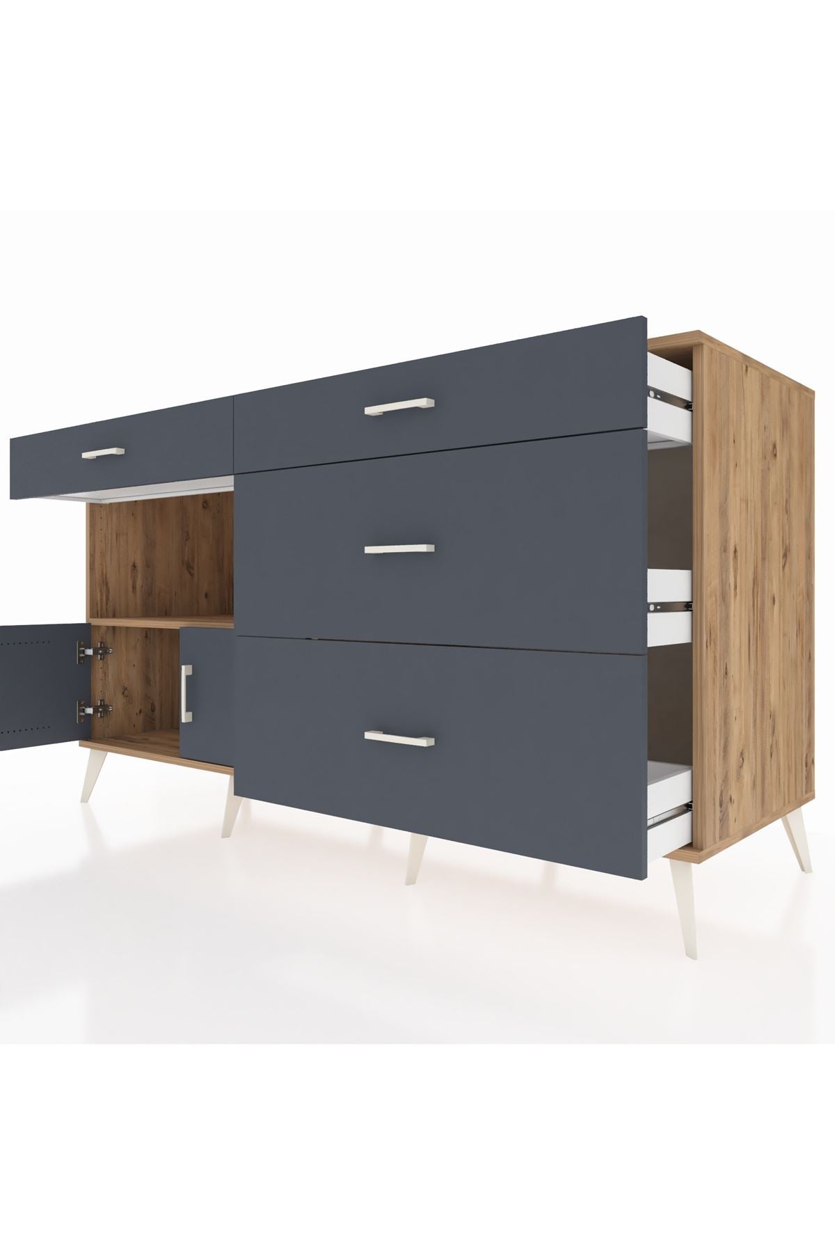 Kronos Konsol Tek Raflı 4 Çekmeceli 2 Kapaklı 176x59x99 Çam-Antrasit