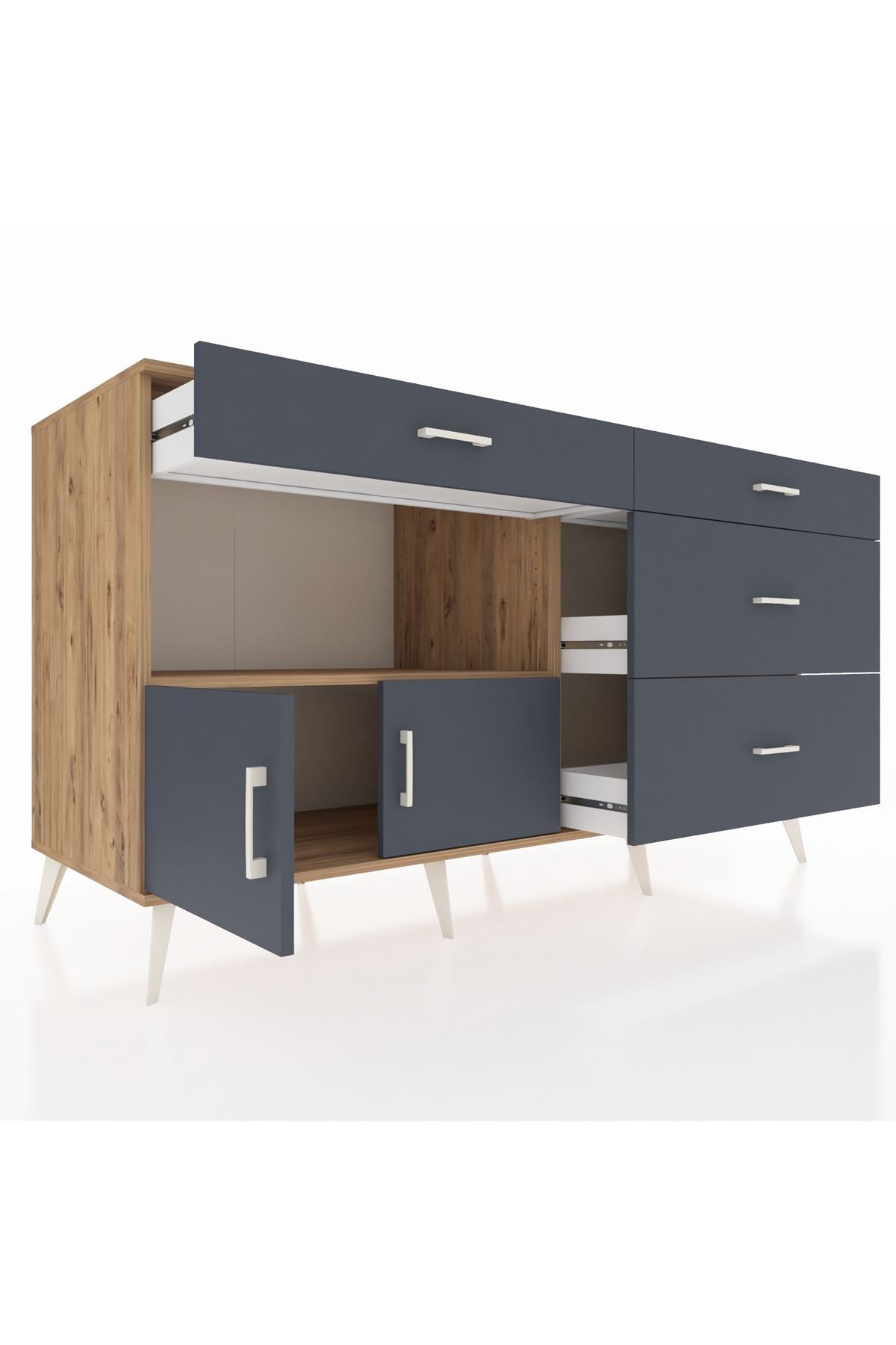 Kronos Konsol Tek Raflı 4 Çekmeceli 2 Kapaklı 176x59x99 Çam-Antrasit