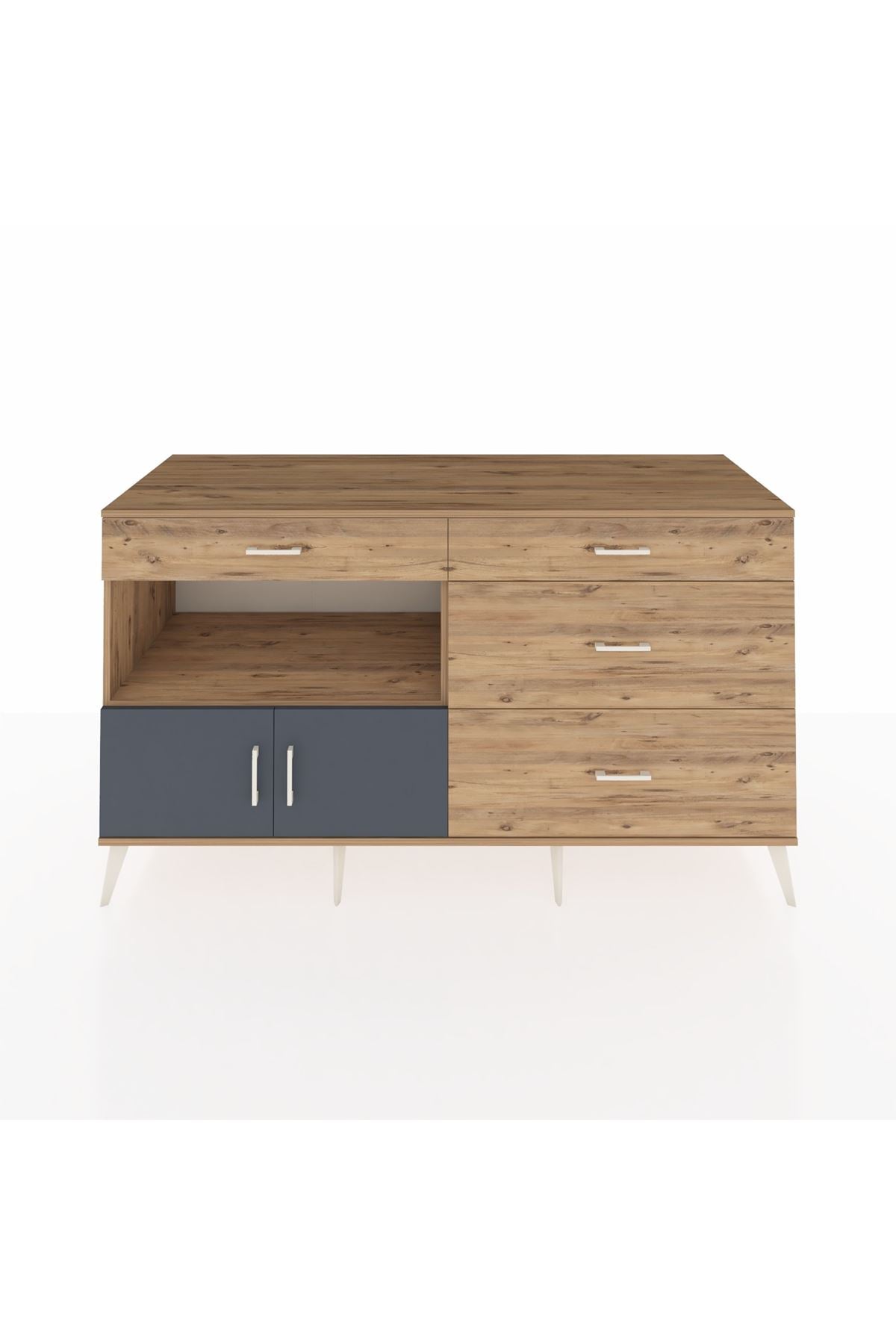 Kronos Konsol Tek Raflı 4 Çekmeceli 2 Kapaklı 176x59x99 Çam-Antrasit/Çam